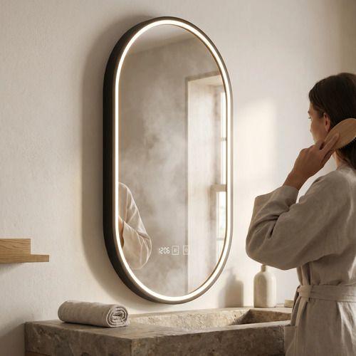 Espejo Marco Melalico Con Luz Led Touch Para Baño 50x70cm Negro Ovalo-7
