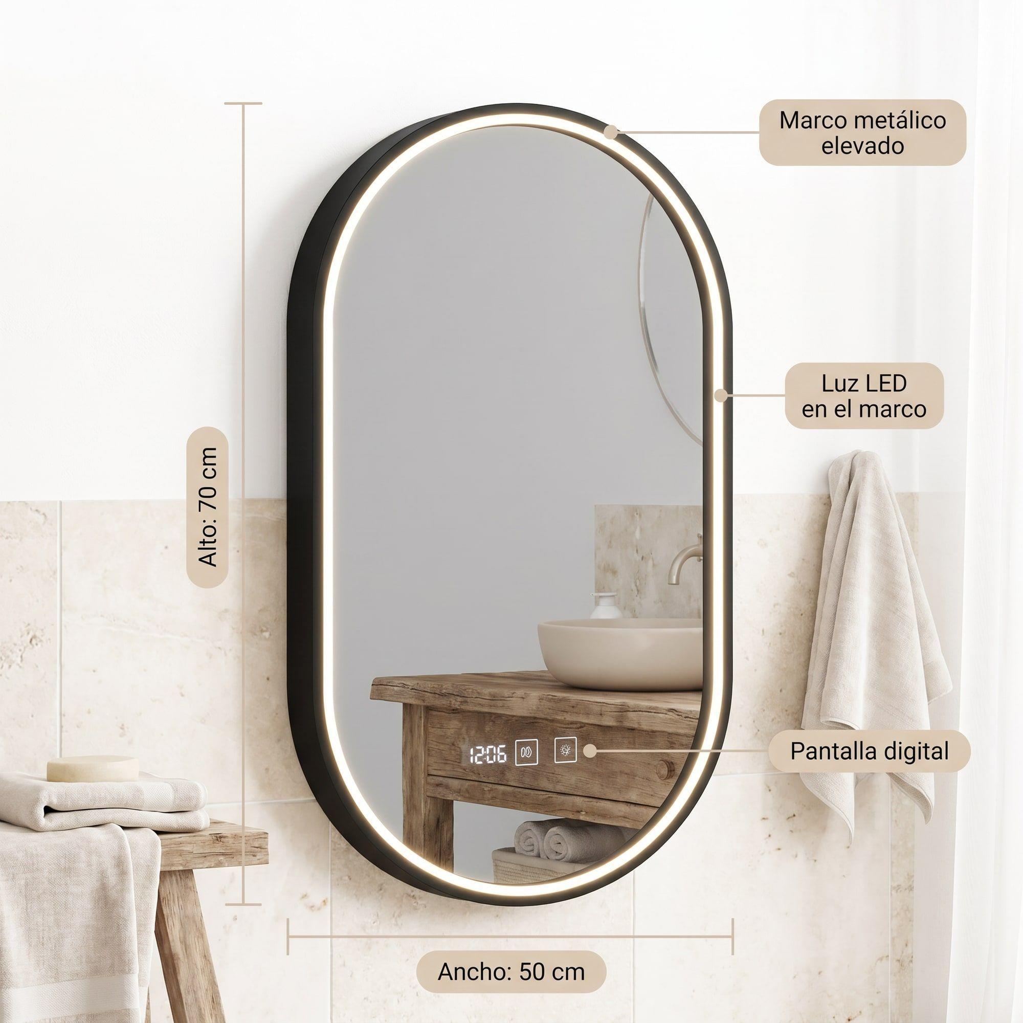Espejo Marco Melalico Con Luz Led Touch Para Baño 50x70cm Negro Ovalo-2