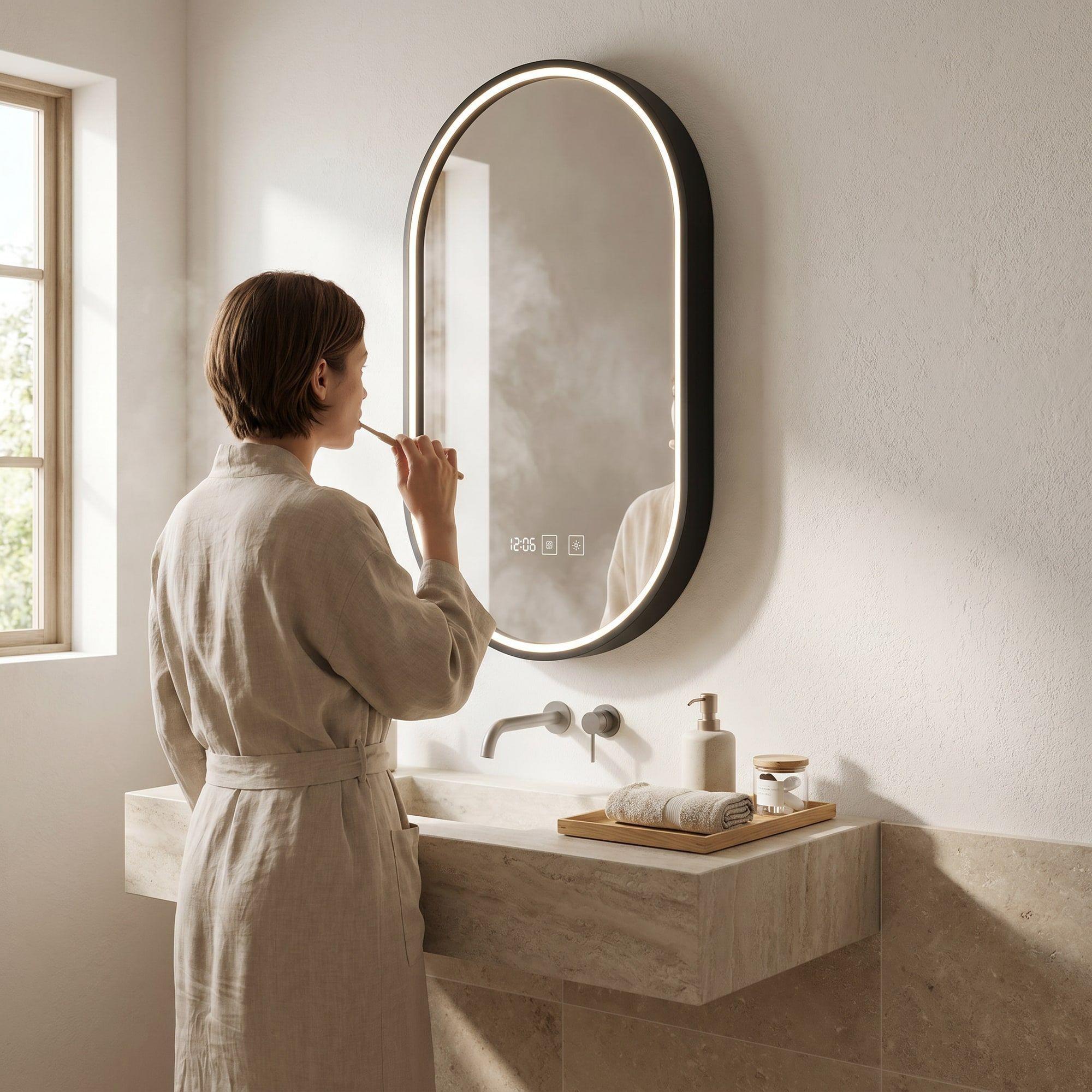 Espejo Marco Melalico Con Luz Led Touch Para Baño 50x70cm Negro Ovalo-5