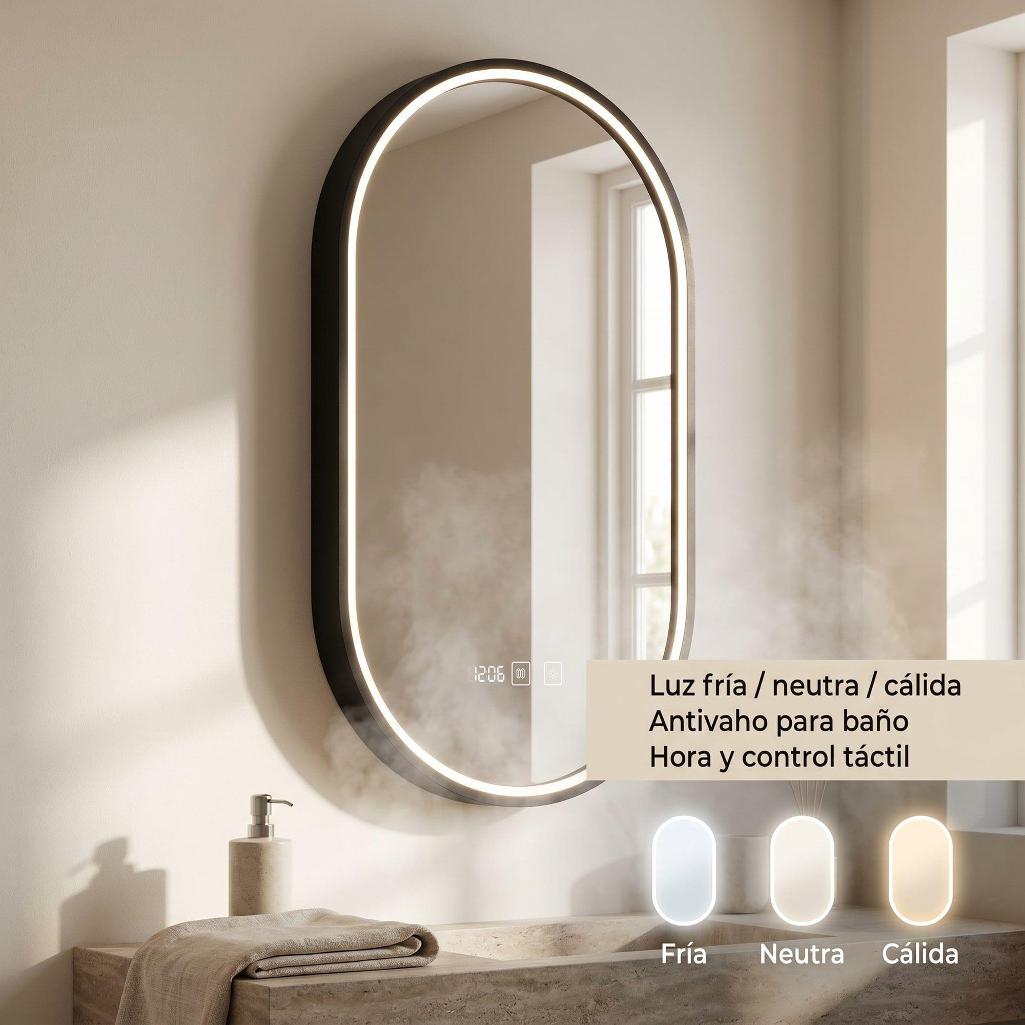 Espejo Marco Melalico Con Luz Led Touch Para Baño 50x70cm Negro Ovalo-6