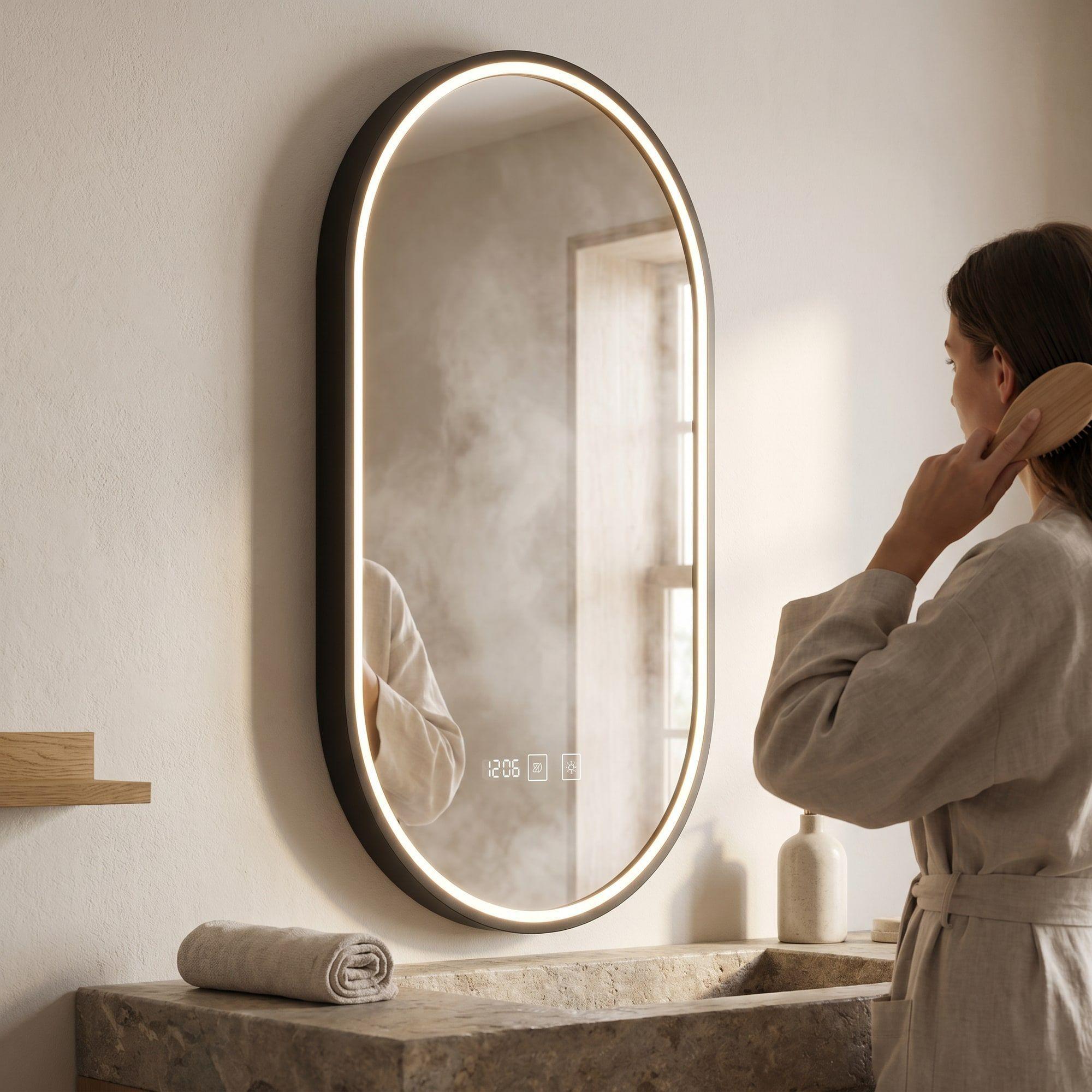 Espejo Marco Melalico Con Luz Led Touch Para Baño 50x70cm Negro Ovalo-7