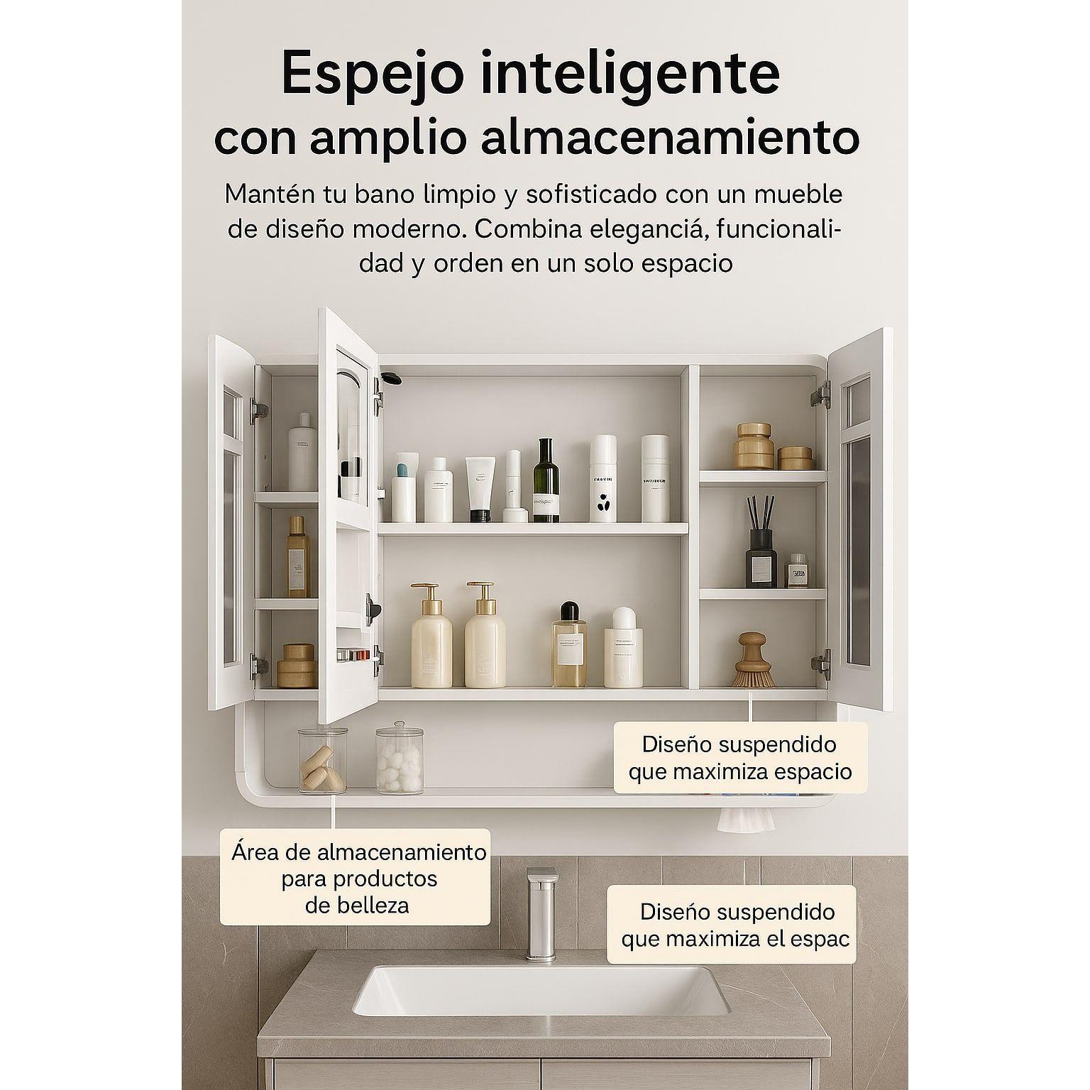 Botiquin Baño Inteligente Con Espejo Luz Antiempañamiento C Blanco-2