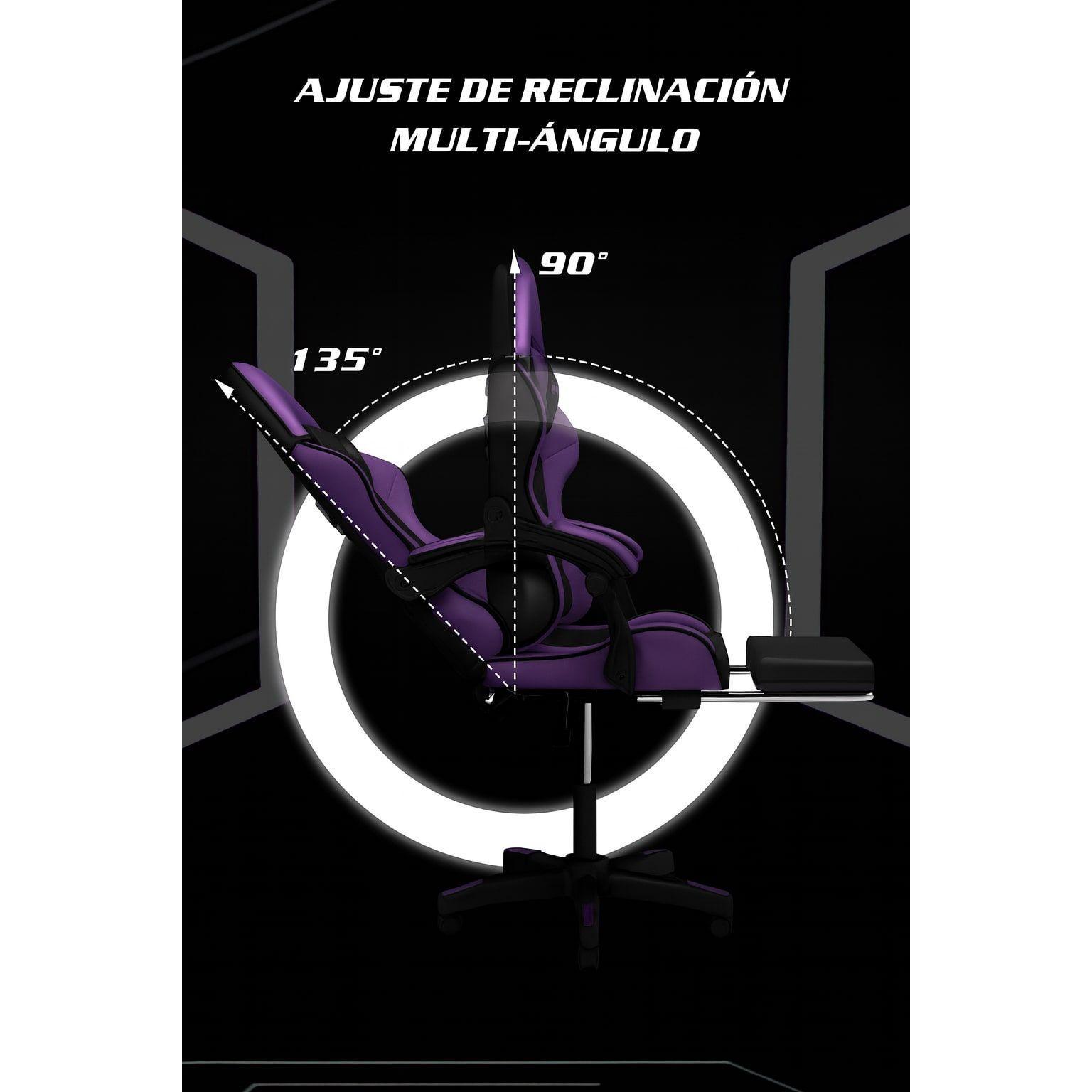 Silla Gamer Hell Castle Reclinable Con Cojin Lumbar Morado Cuero Sintético-3