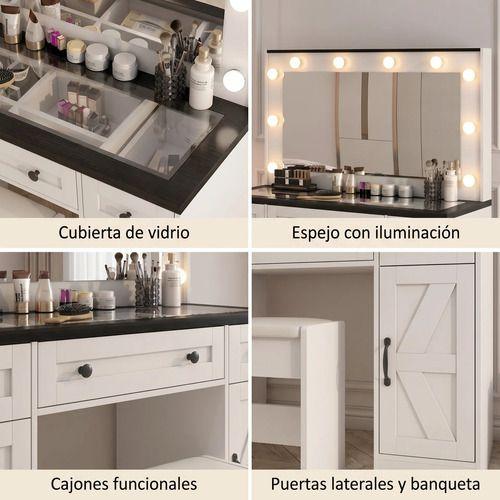 Tocador Con Luz Hollywood Europeo Mesa Con Vidrio Y Taburete Color Blanco-3