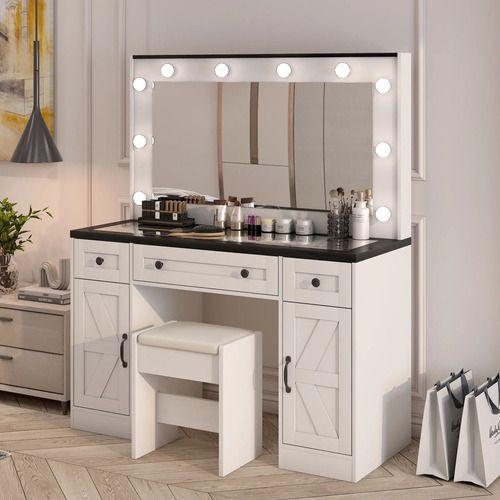 Tocador Con Luz Hollywood Europeo Mesa Con Vidrio Y Taburete Color Blanco-7