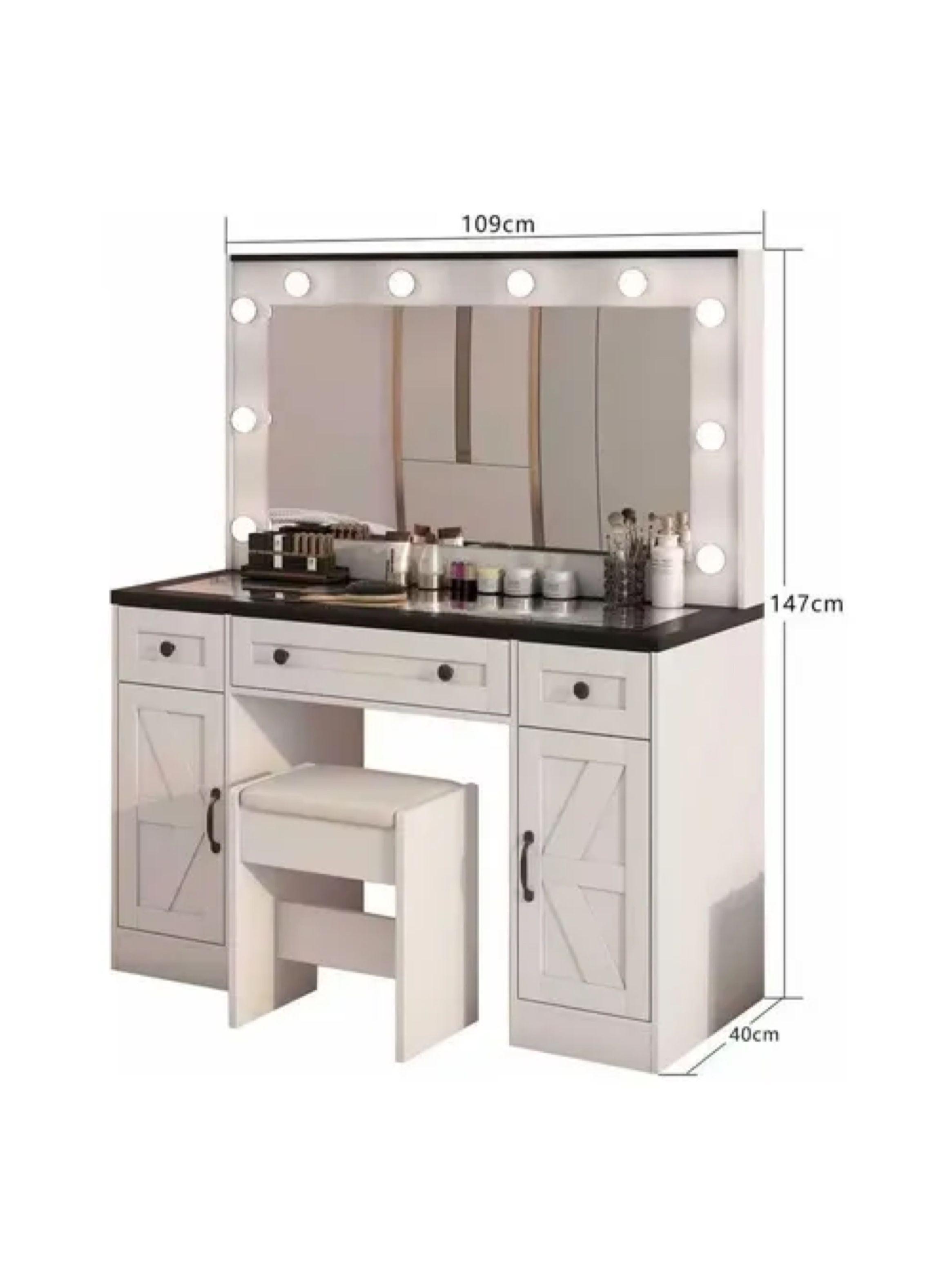 Tocador Con Luz Hollywood Europeo Mesa Con Vidrio Y Taburete Color Blanco-2