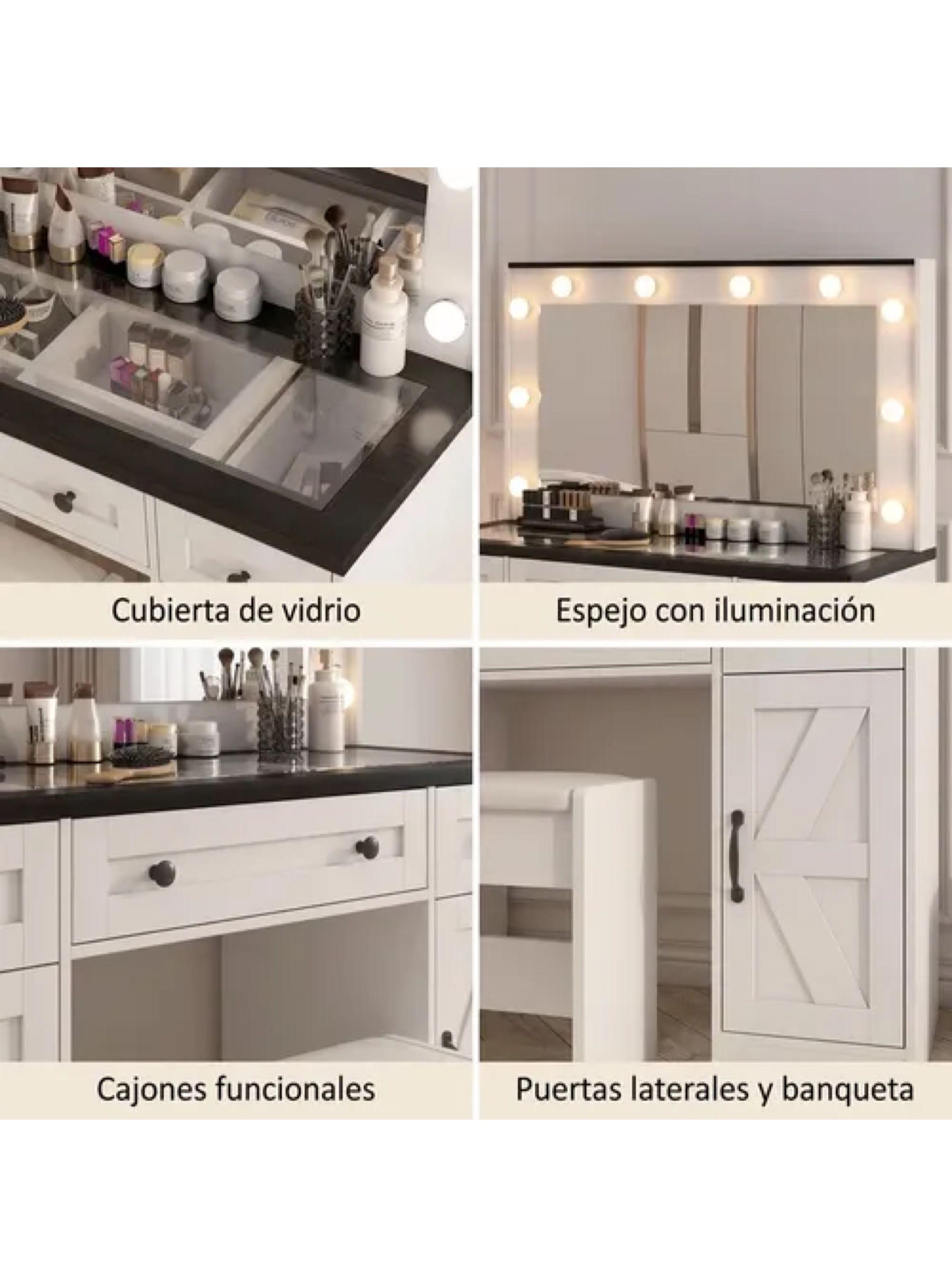 Tocador Con Luz Hollywood Europeo Mesa Con Vidrio Y Taburete Color Blanco-3