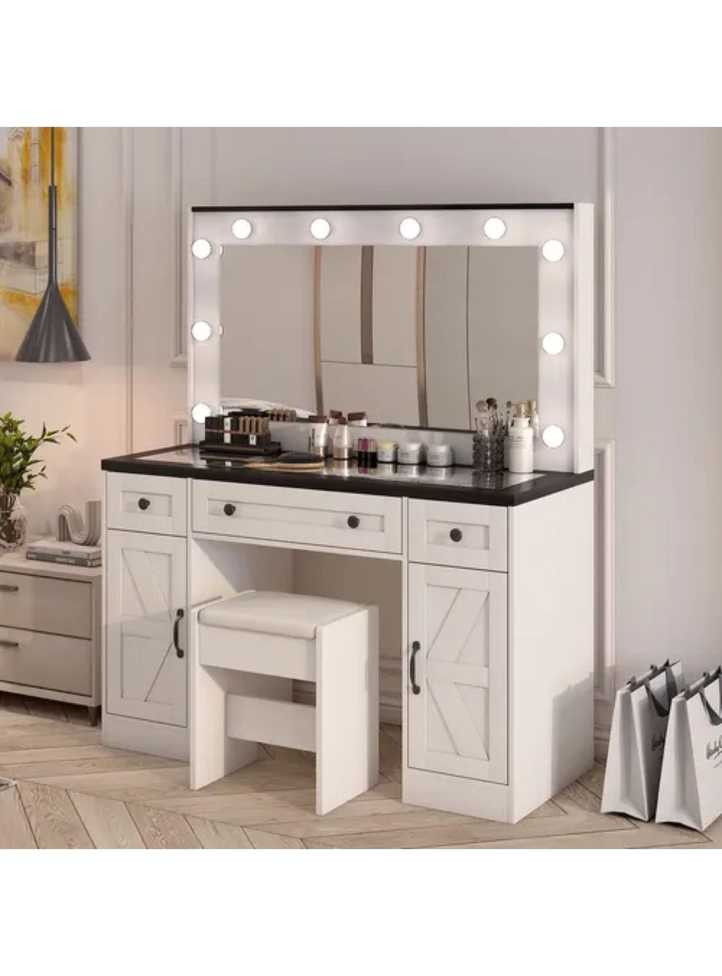 Tocador Con Luz Hollywood Europeo Mesa Con Vidrio Y Taburete Color Blanco-7