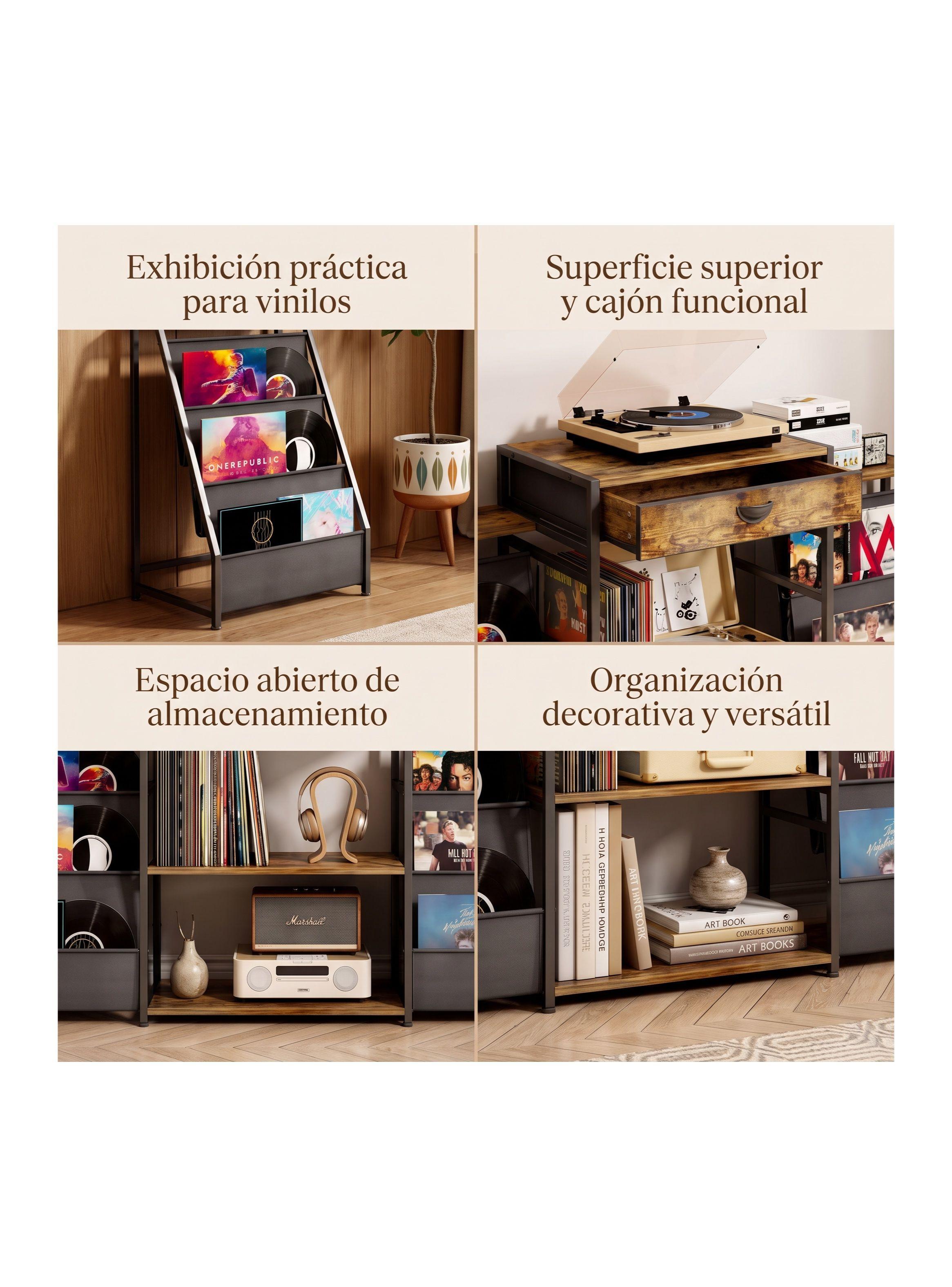 Estante Biblioteca Multiuso Para Vinilos Y Tocadisco Vintage Marrón ZWJ006B-R-3