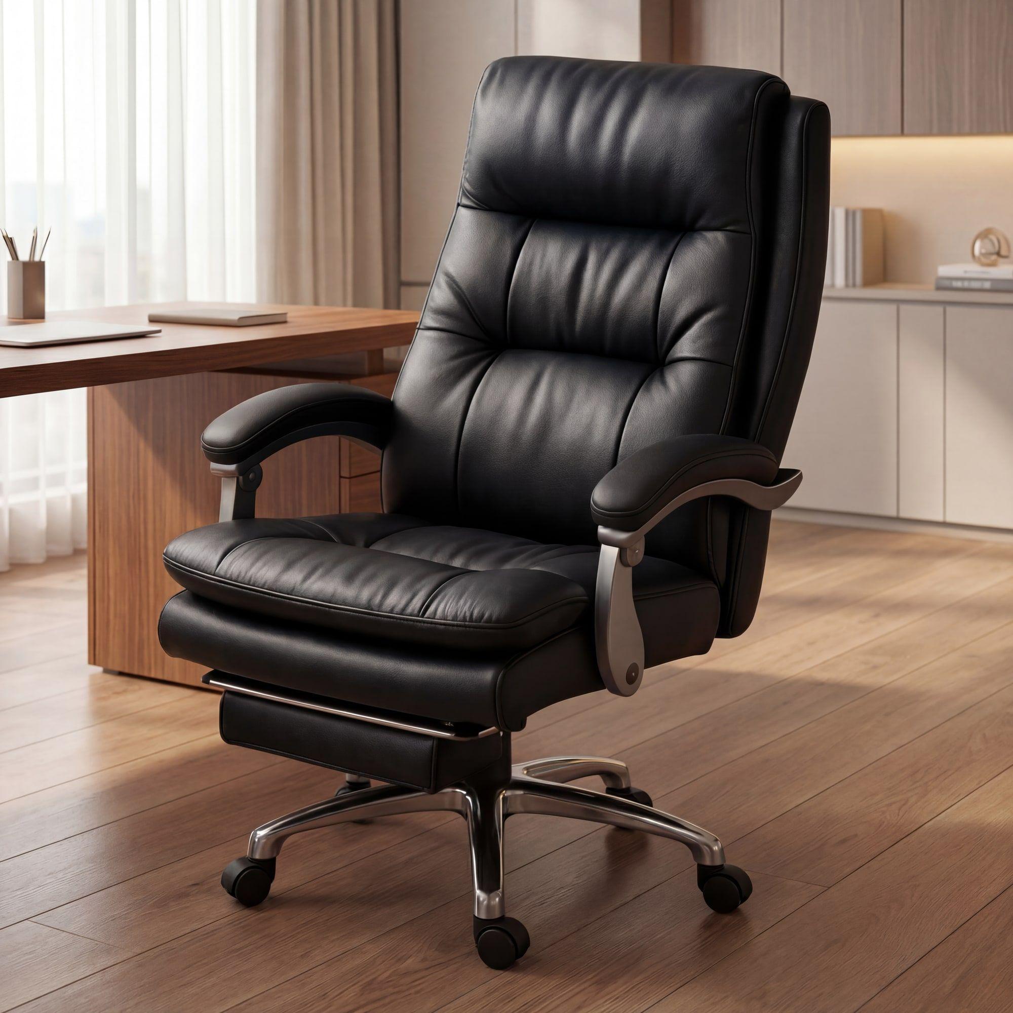 Silla Oficina Gerencial Asiento De Cuero Pata Acero Premium Negro Cuero Sintético-0