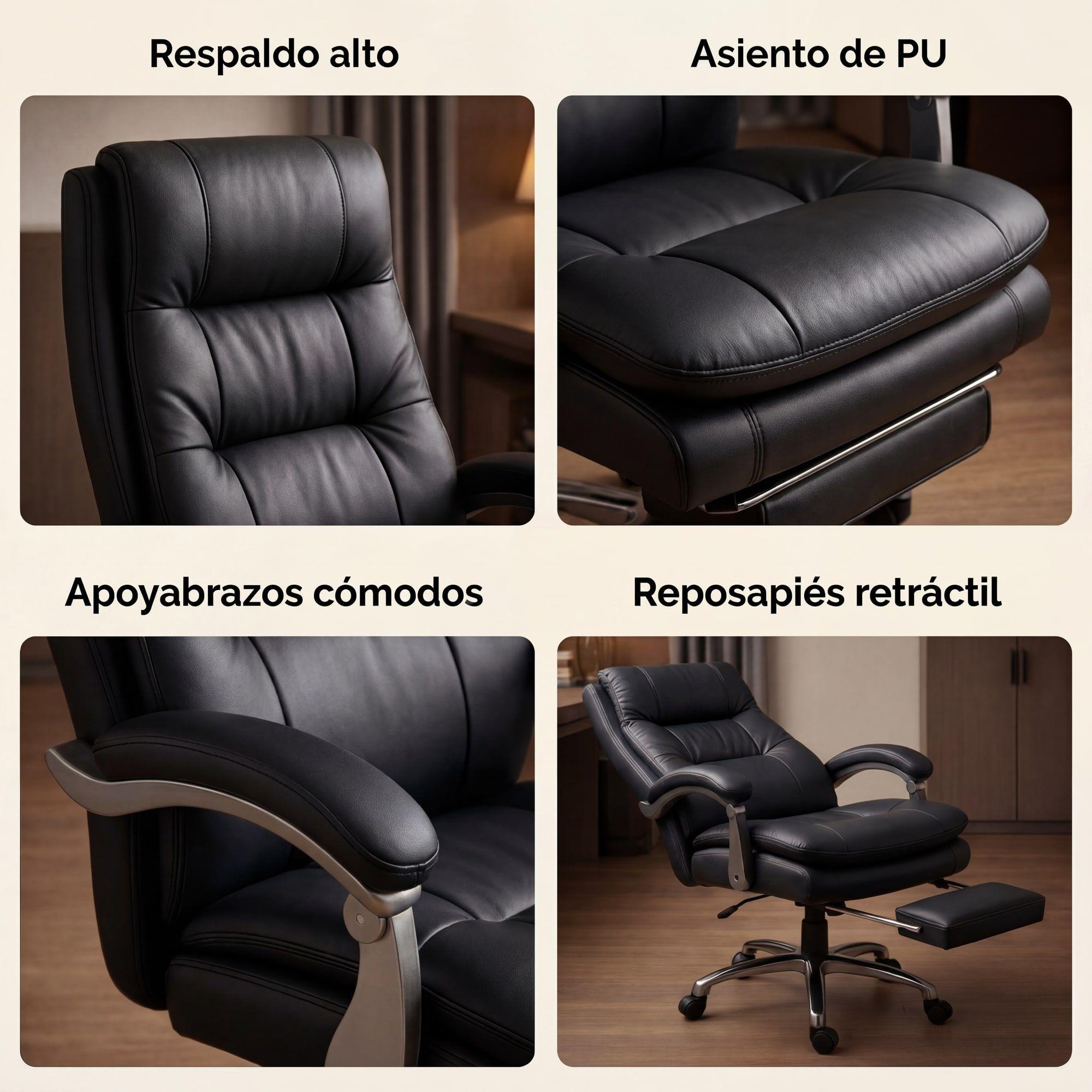 Silla Oficina Gerencial Asiento De Cuero Pata Acero Premium Negro Cuero Sintético-1