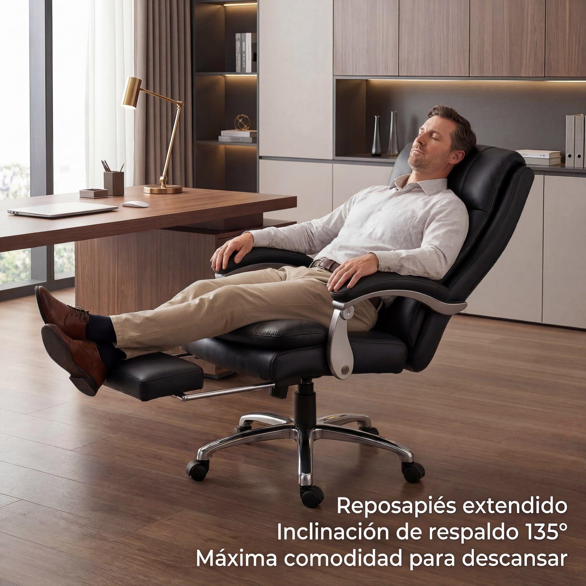 Silla Oficina Gerencial Asiento De Cuero Pata Acero Premium Negro Cuero Sintético-2