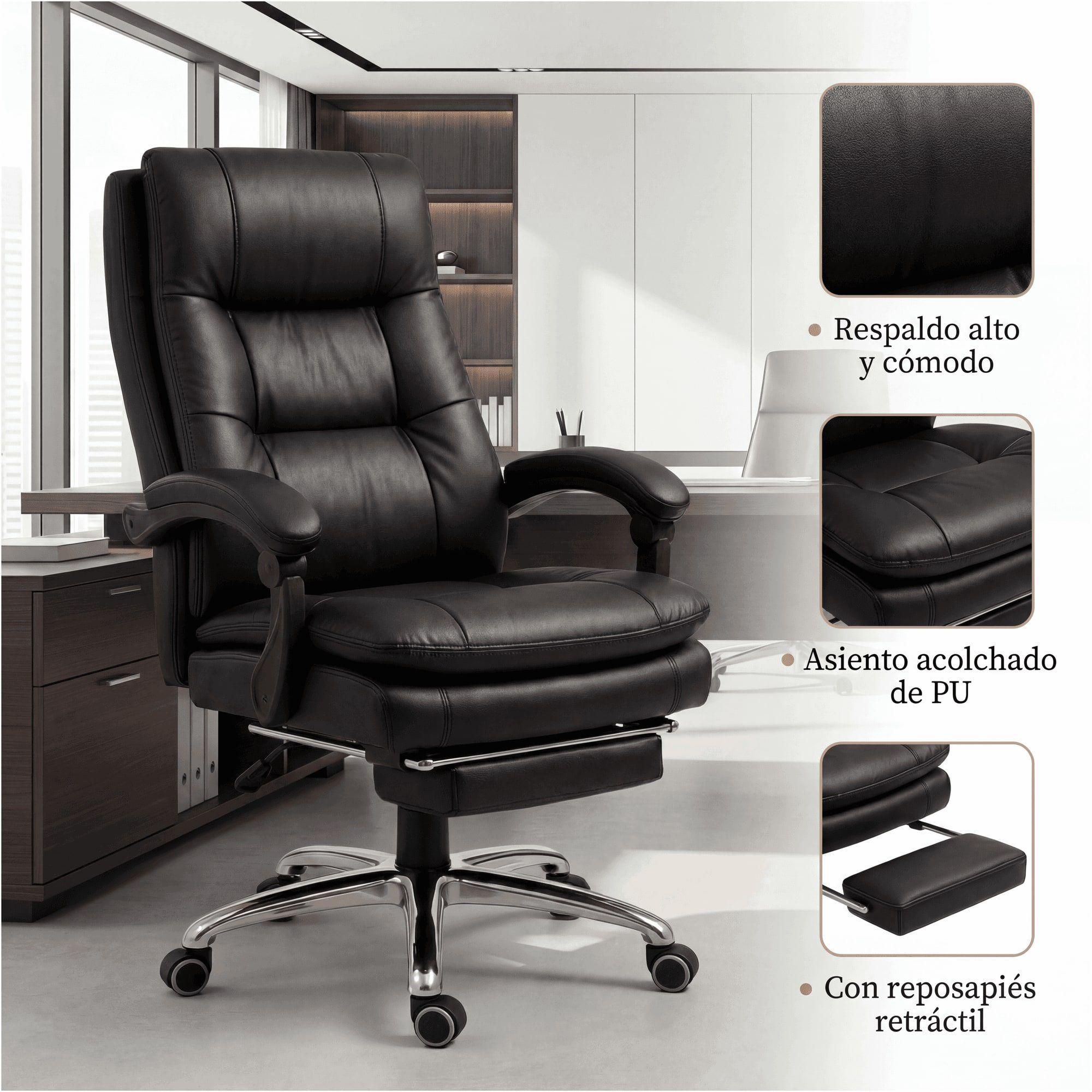 Silla Oficina Gerencial Asiento De Cuero Pata Acero Premium Negro Cuero Sintético-5
