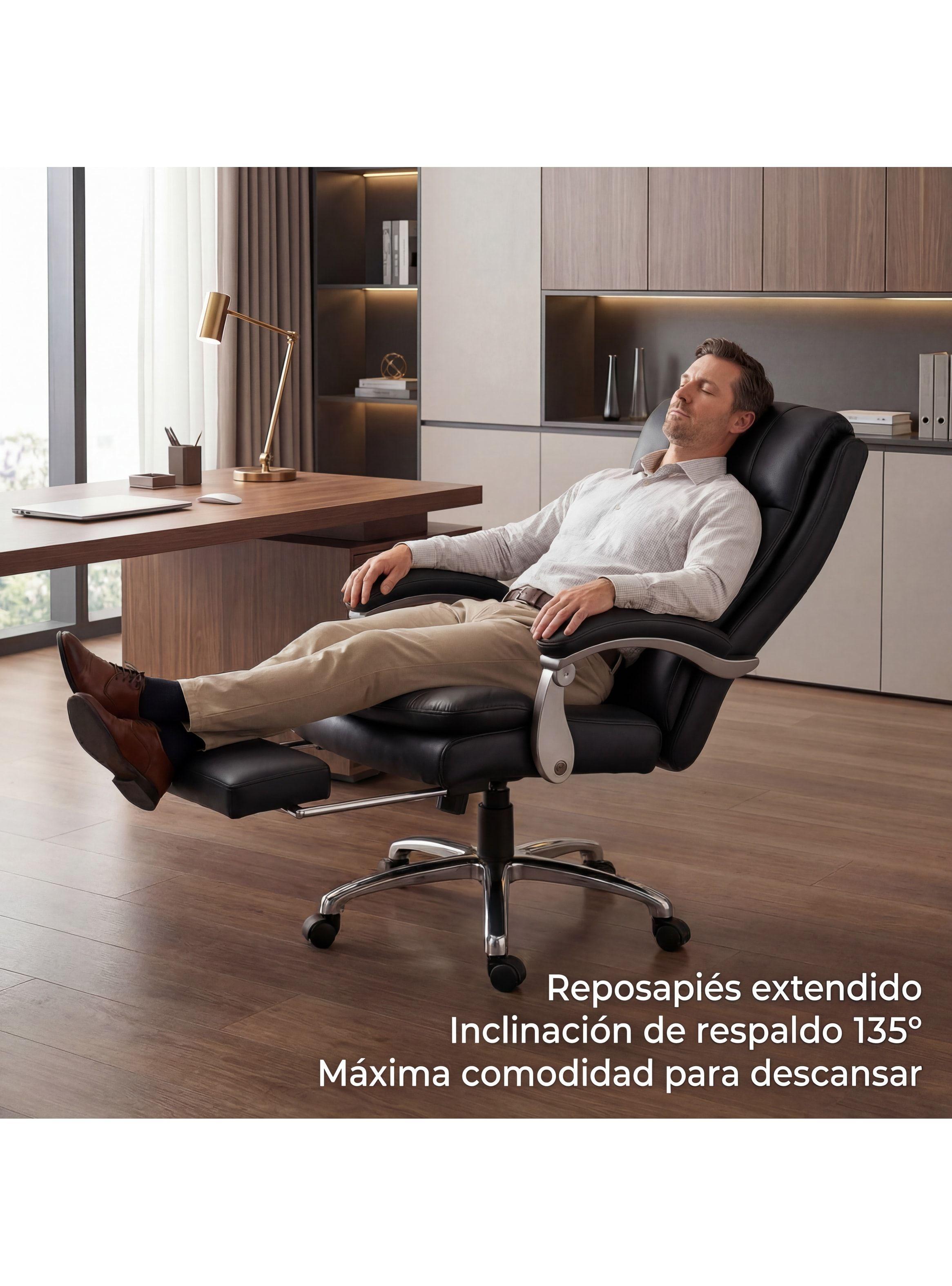 Silla Oficina Gerencial Asiento De Cuero Pata Acero Premium Negro Cuero Sintético-2