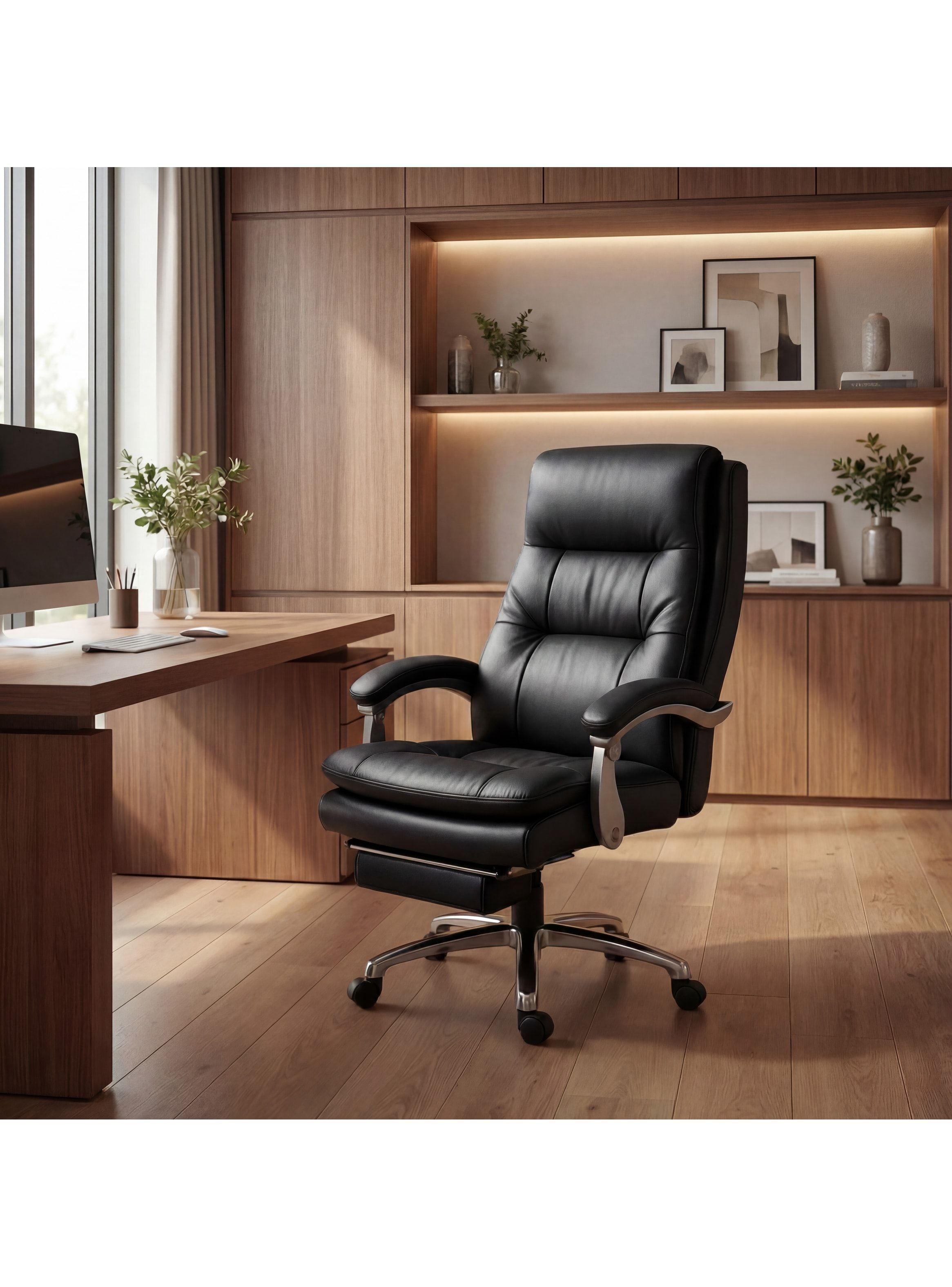 Silla Oficina Gerencial Asiento De Cuero Pata Acero Premium Negro Cuero Sintético-4