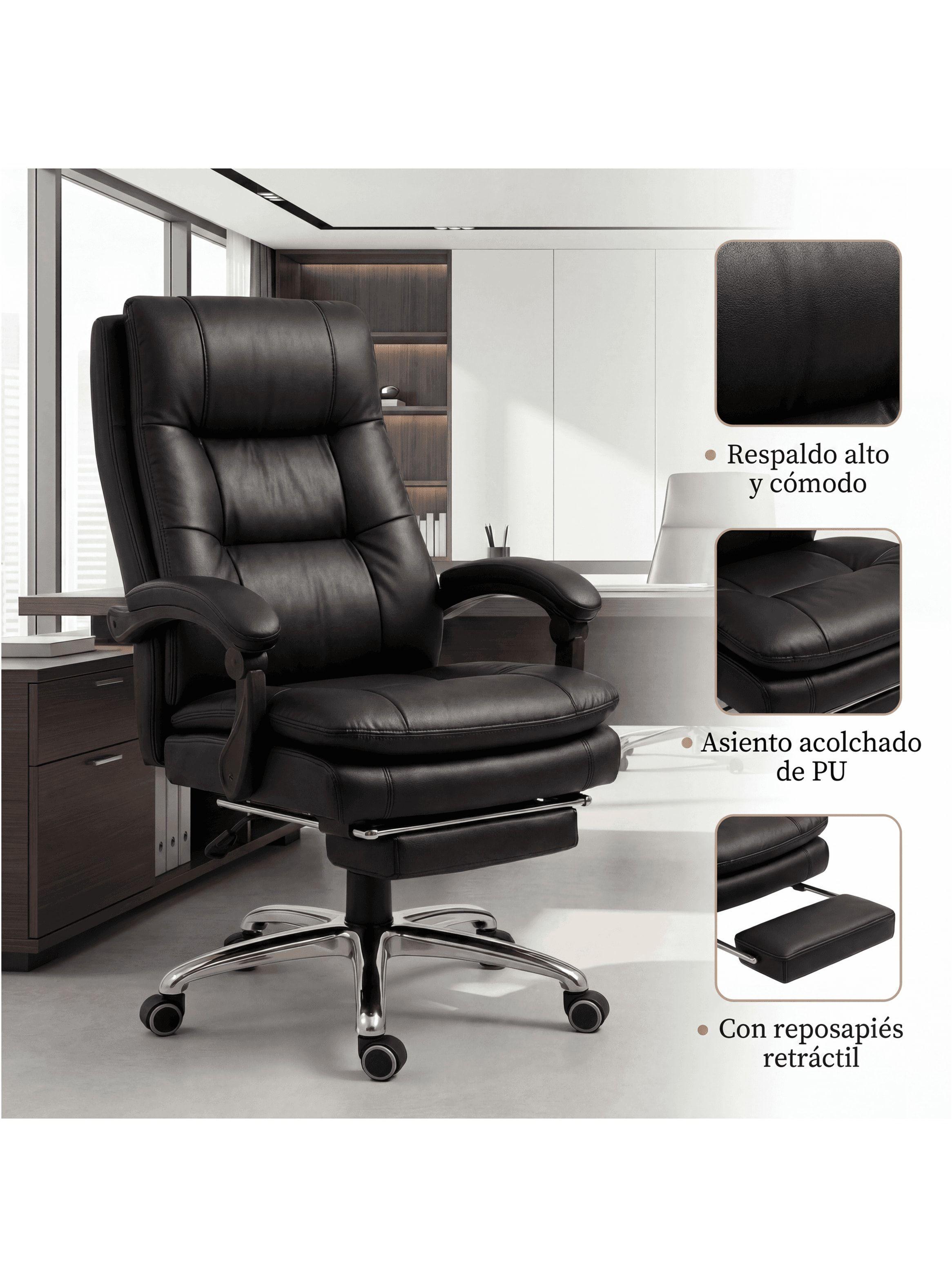 Silla Oficina Gerencial Asiento De Cuero Pata Acero Premium Negro Cuero Sintético-5