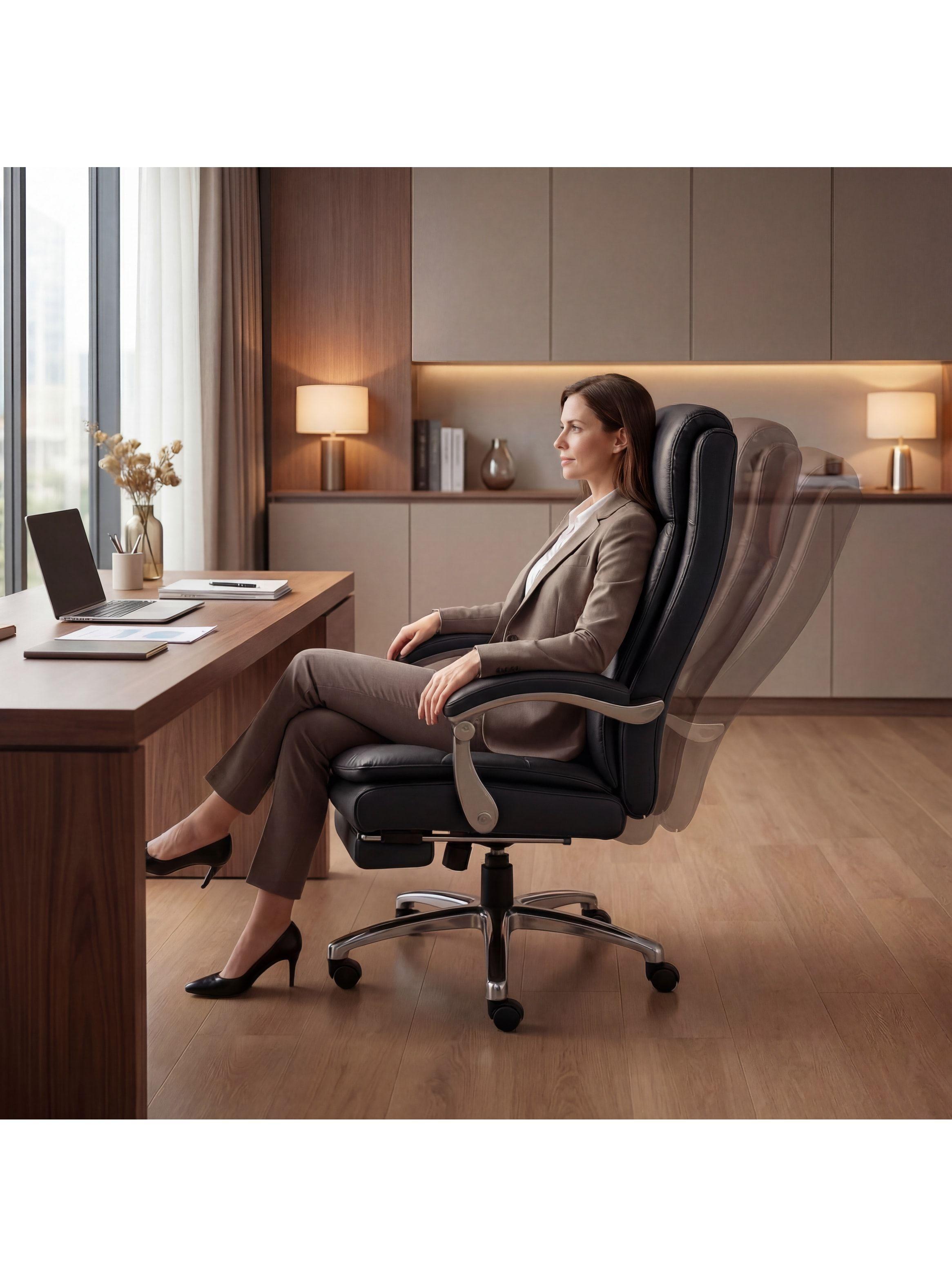 Silla Oficina Gerencial Asiento De Cuero Pata Acero Premium Negro Cuero Sintético-7