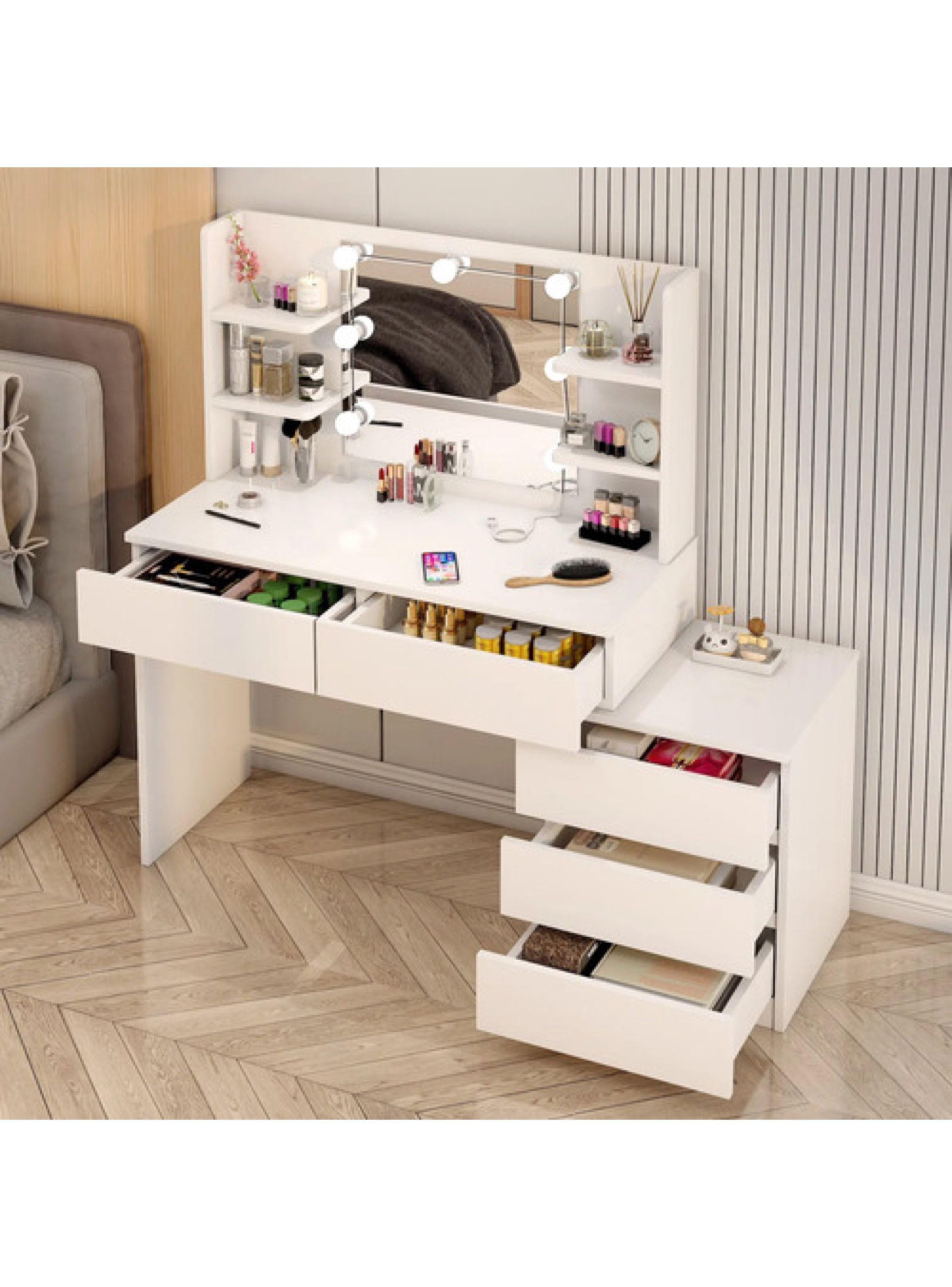 Tocador Con Luz Hollywood Cajonera Extendible Y Organizador Blanco-1