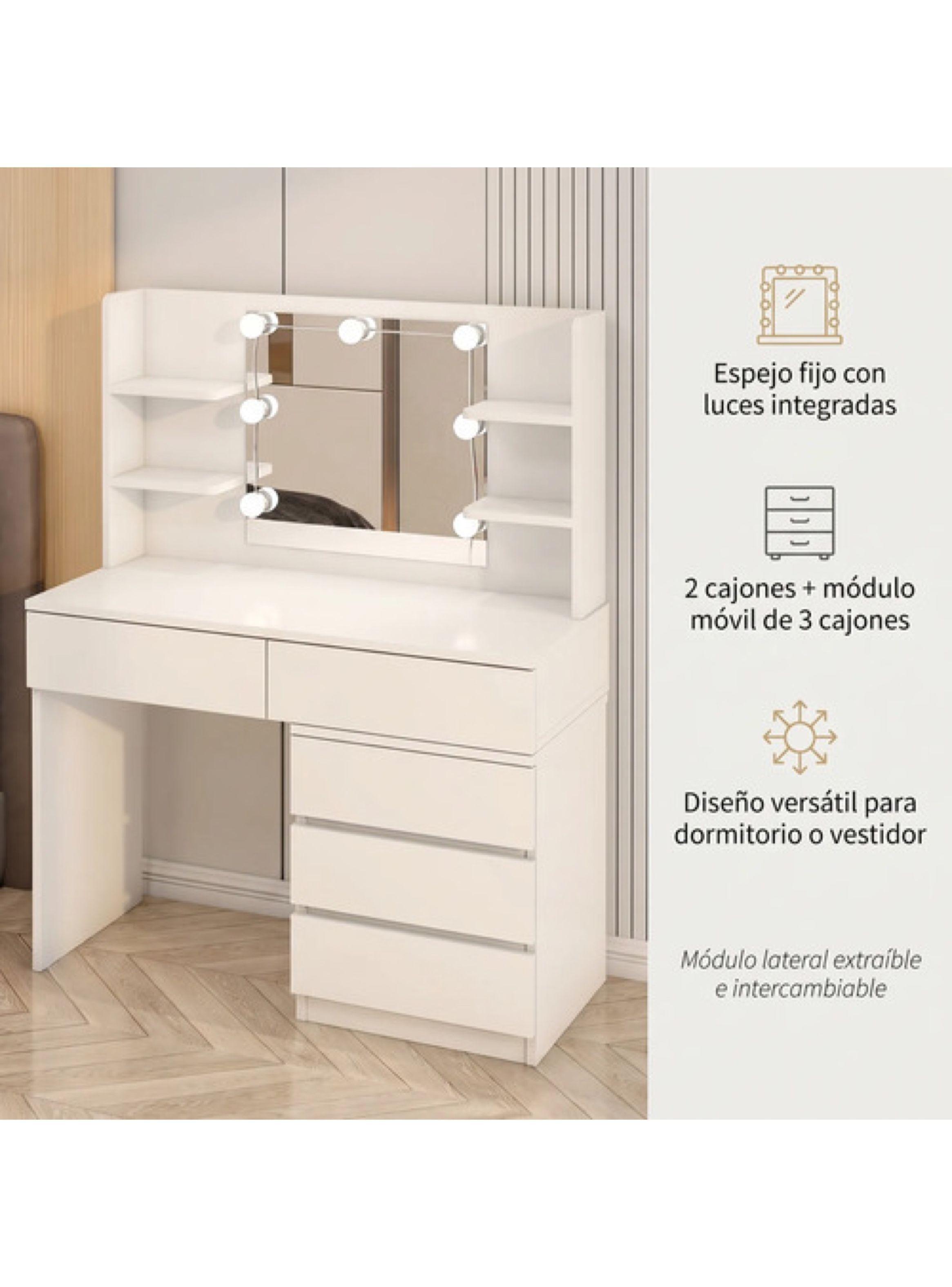 Tocador Con Luz Hollywood Cajonera Extendible Y Organizador Blanco-2