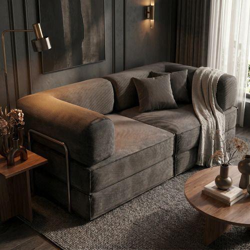 Sofa Modular Transformable 3 En 1 Sofa Cama Alta Elastidad Color Negro Diseño De La Tela Rayado-0