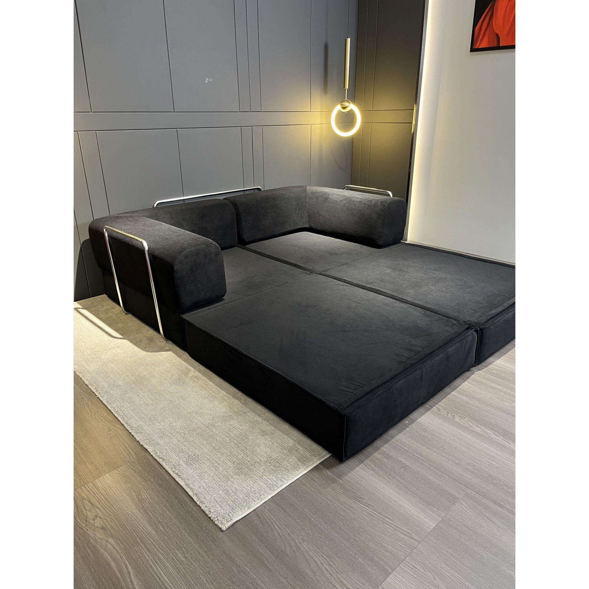 Sofa Modular Transformable 3 En 1 Sofa Cama Alta Elastidad Color Negro Diseño De La Tela Rayado-5