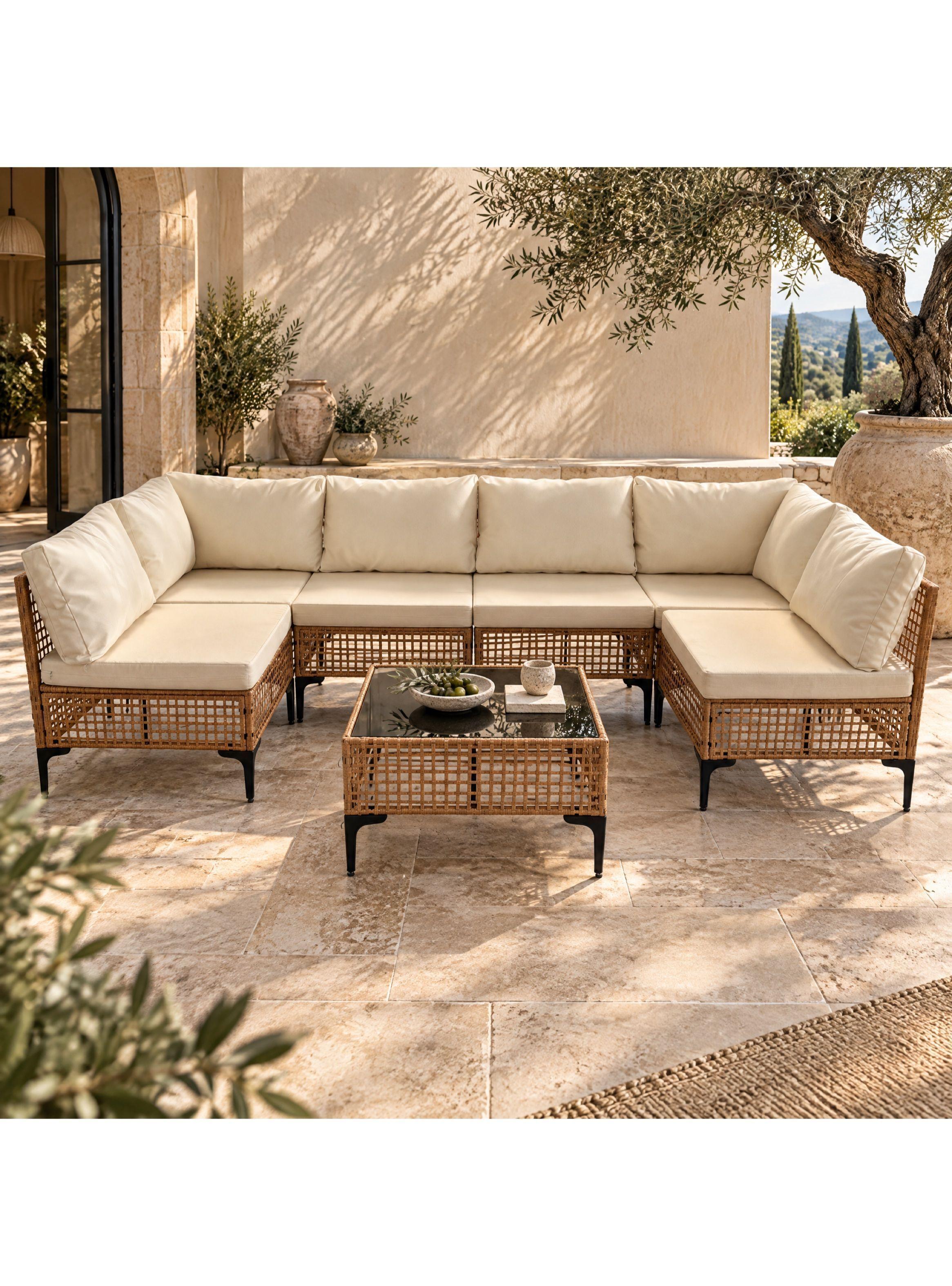 Juego Modular De Terraza Fiorella 7 Piezas Con Mesa Ratán Marrón-0