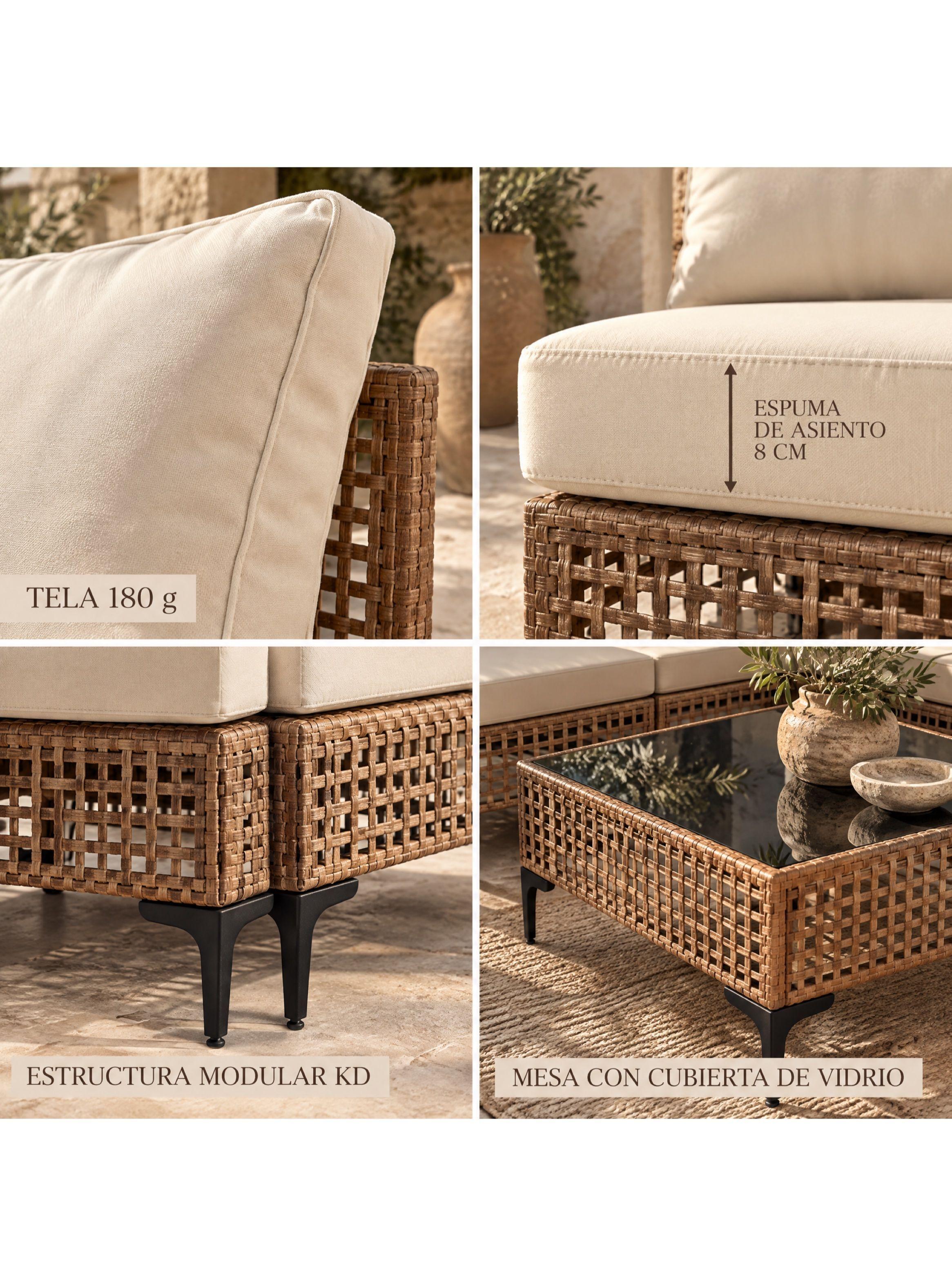 Juego Modular De Terraza Fiorella 7 Piezas Con Mesa Ratán Marrón-3