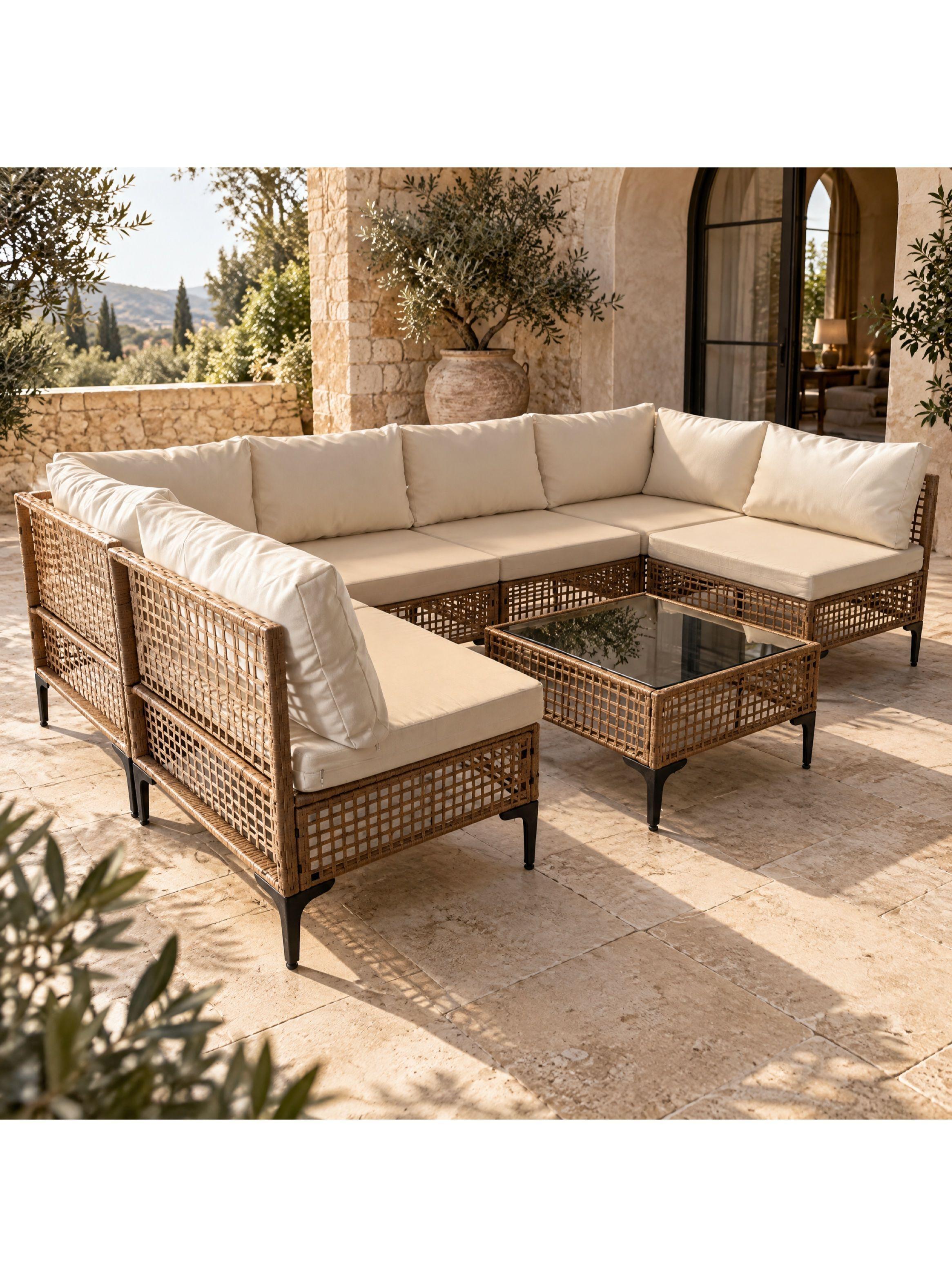 Juego Modular De Terraza Fiorella 7 Piezas Con Mesa Ratán Marrón-4