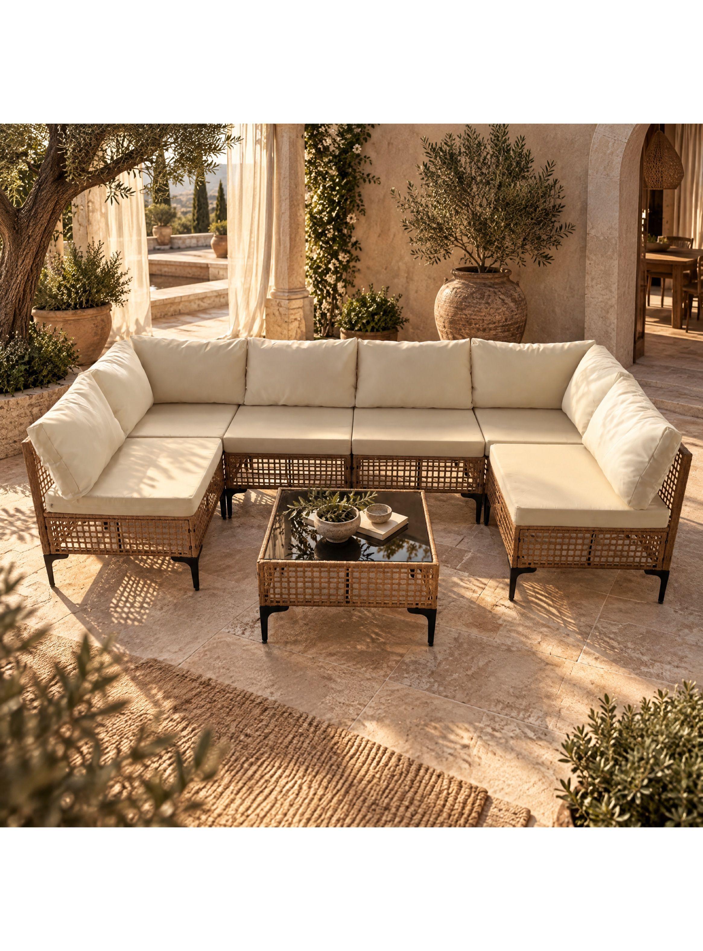 Juego Modular De Terraza Fiorella 7 Piezas Con Mesa Ratán Marrón-6