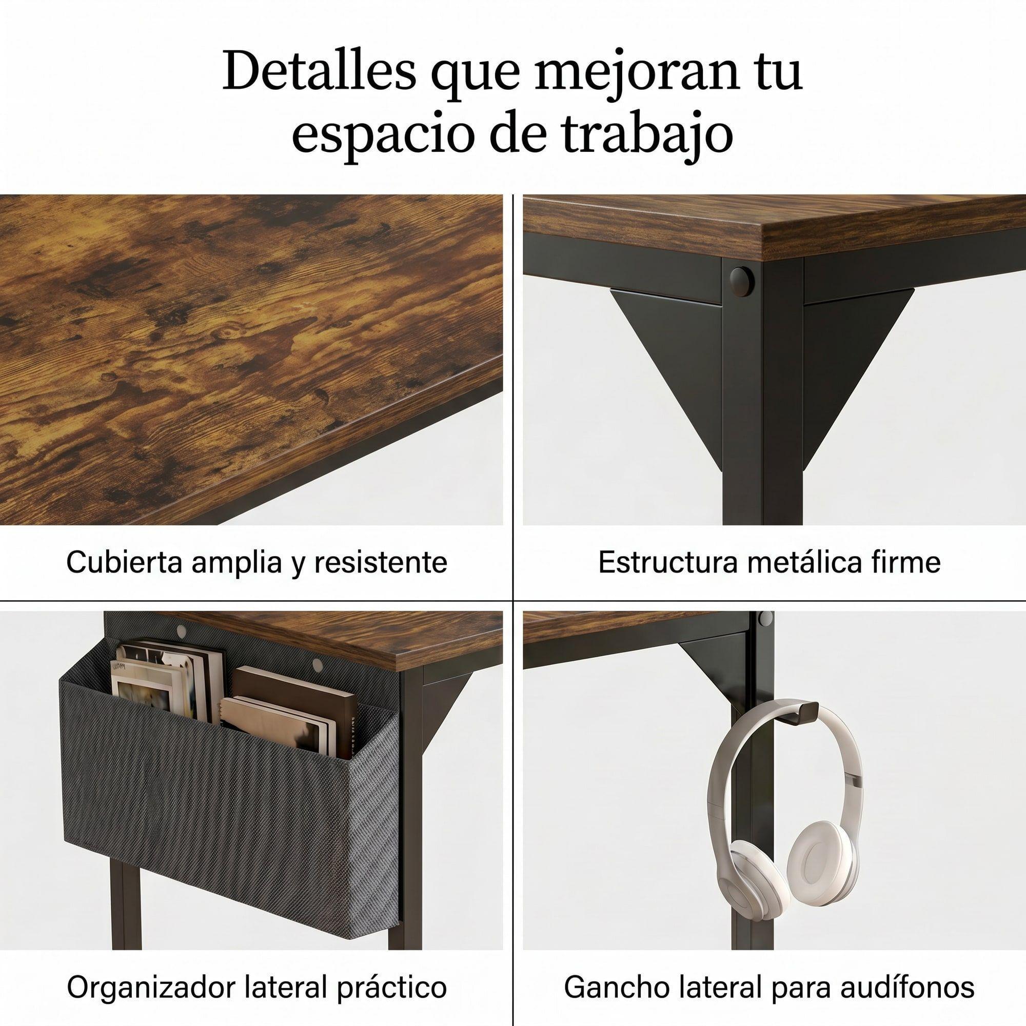 Escritorio Pedra 100cm Con Bolsillo Gancho Lateral Firme Marrón-3