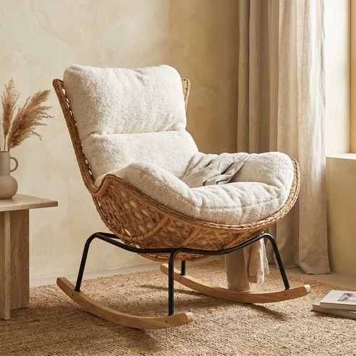 Sillon Mecedor Silla Mecedora Sitial Moderna Base Rattan Xl Beige-0