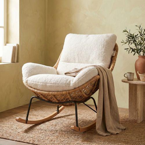 Sillon Mecedor Silla Mecedora Sitial Moderna Base Rattan Xl Beige-4