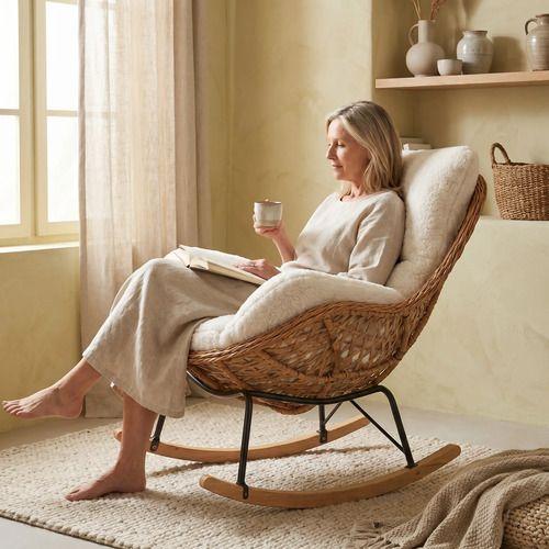 Sillon Mecedor Silla Mecedora Sitial Moderna Base Rattan Xl Beige-5