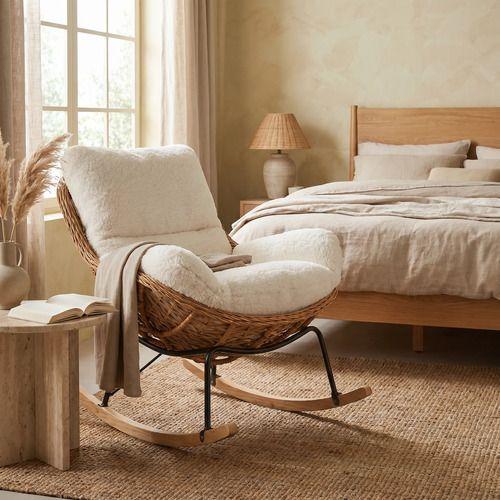 Sillon Mecedor Silla Mecedora Sitial Moderna Base Rattan Xl Beige-6