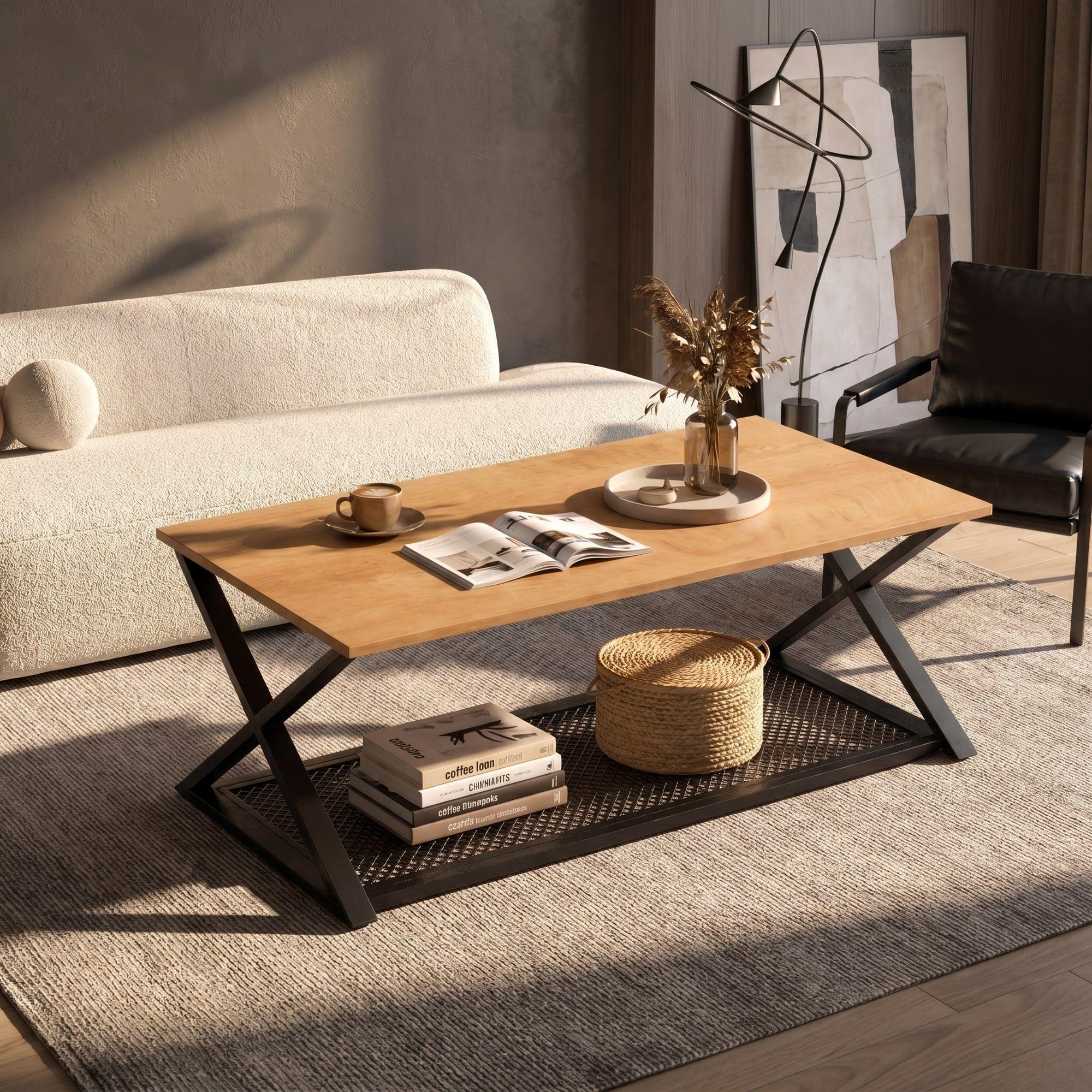 Mesa De Centro Minimalista Con Cubierta De Melamina 60x120cm Marrón Claro-4