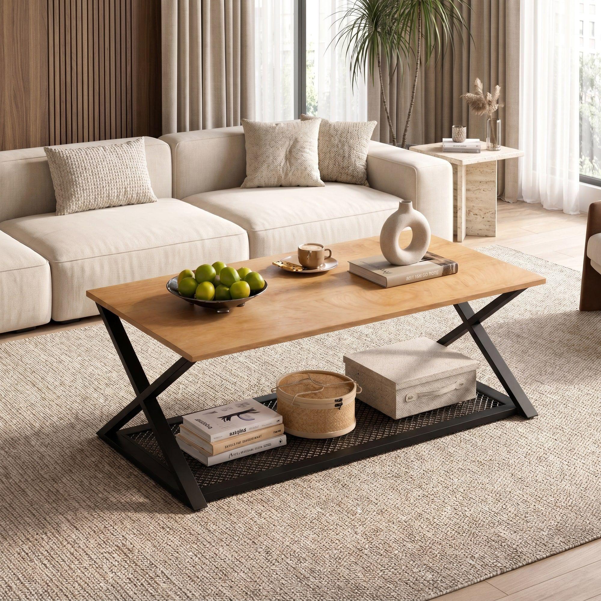 Mesa De Centro Minimalista Con Cubierta De Melamina 60x120cm Marrón Claro-5