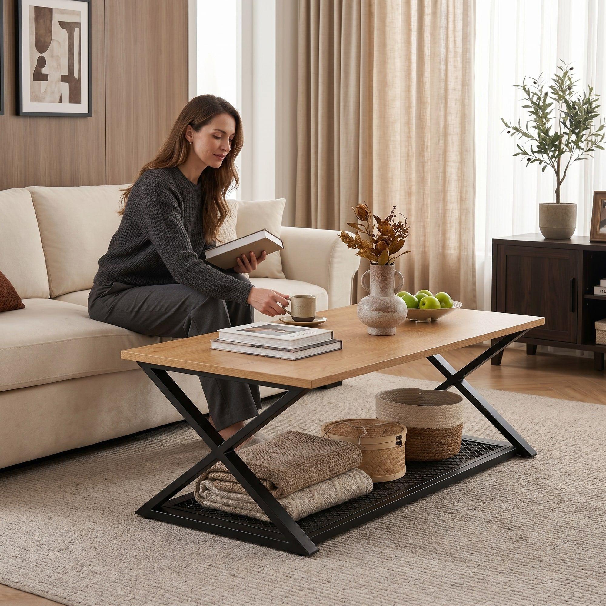 Mesa De Centro Minimalista Con Cubierta De Melamina 60x120cm Marrón Claro-6