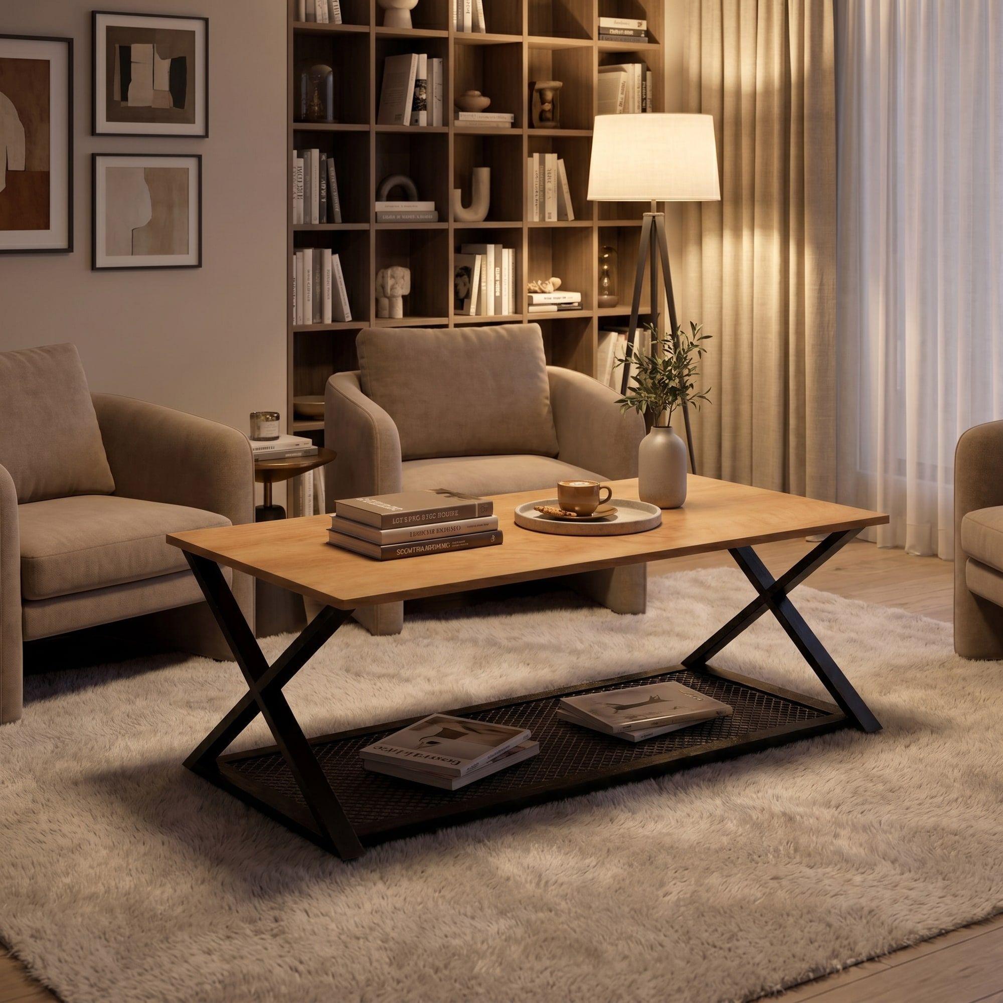 Mesa De Centro Minimalista Con Cubierta De Melamina 60x120cm Marrón Claro-7
