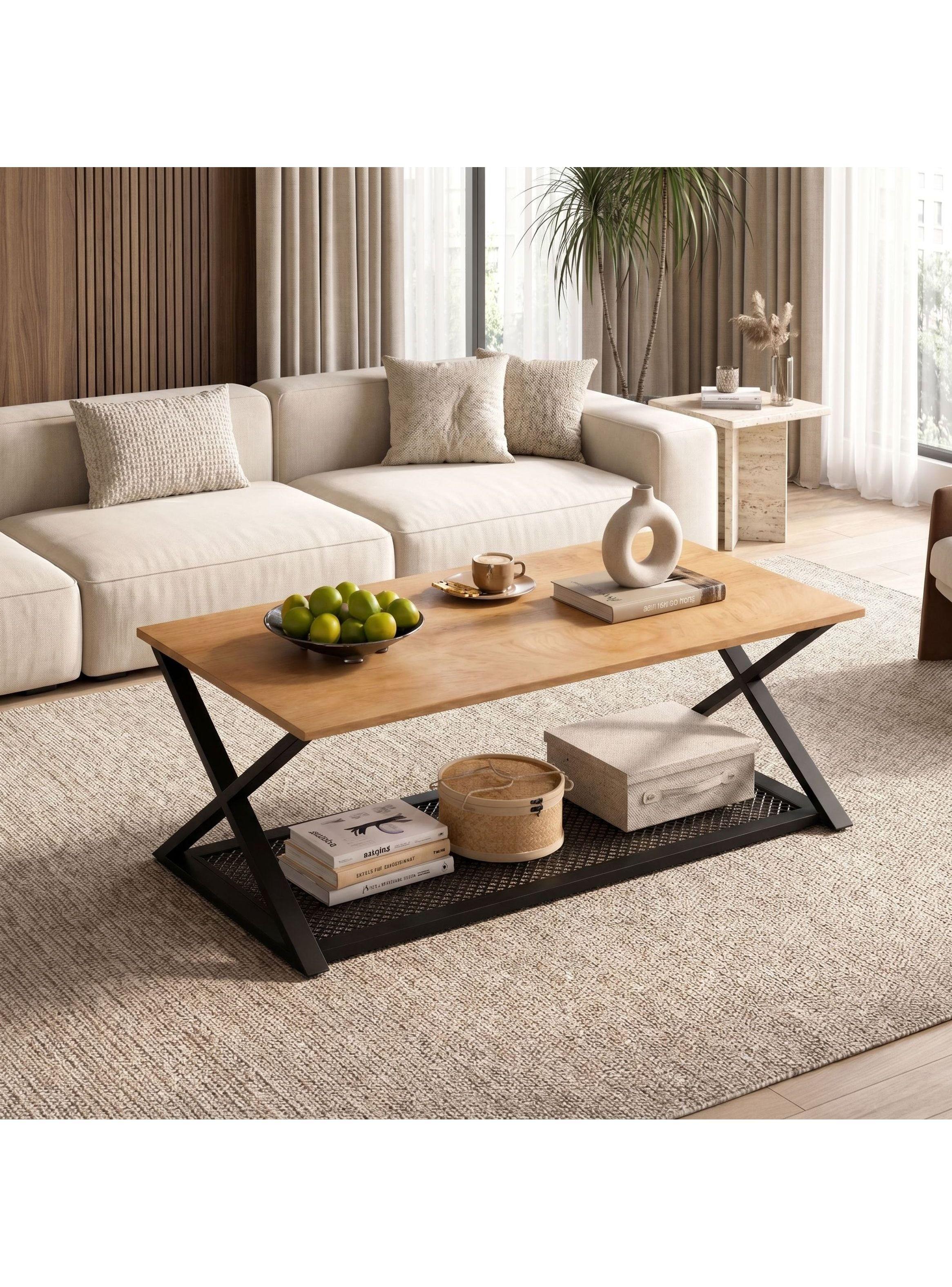 Mesa De Centro Minimalista Con Cubierta De Melamina 60x120cm Marrón Claro-5