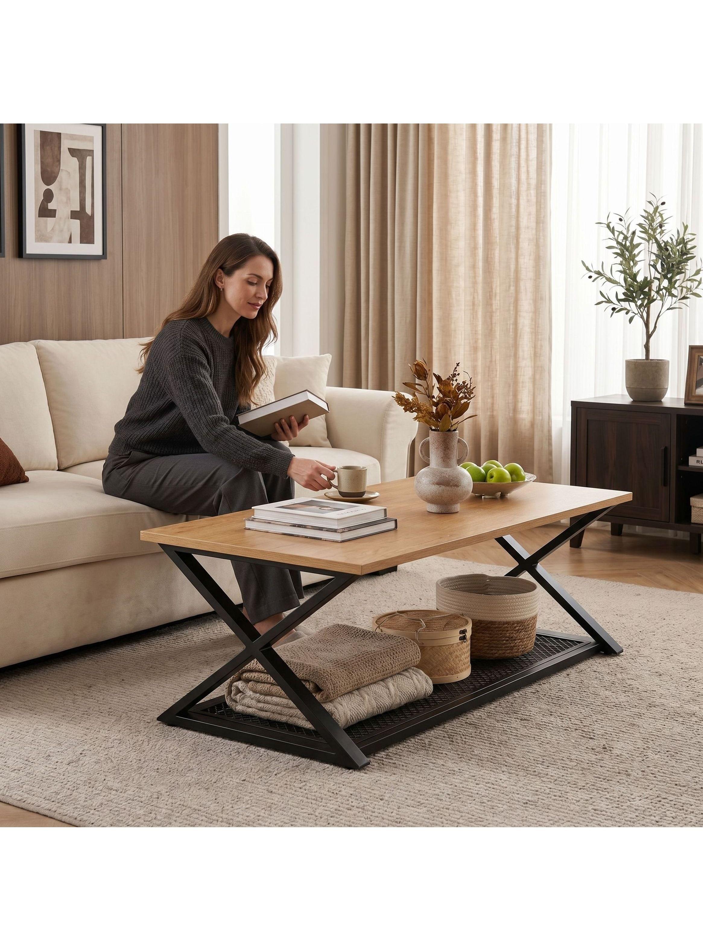 Mesa De Centro Minimalista Con Cubierta De Melamina 60x120cm Marrón Claro-6