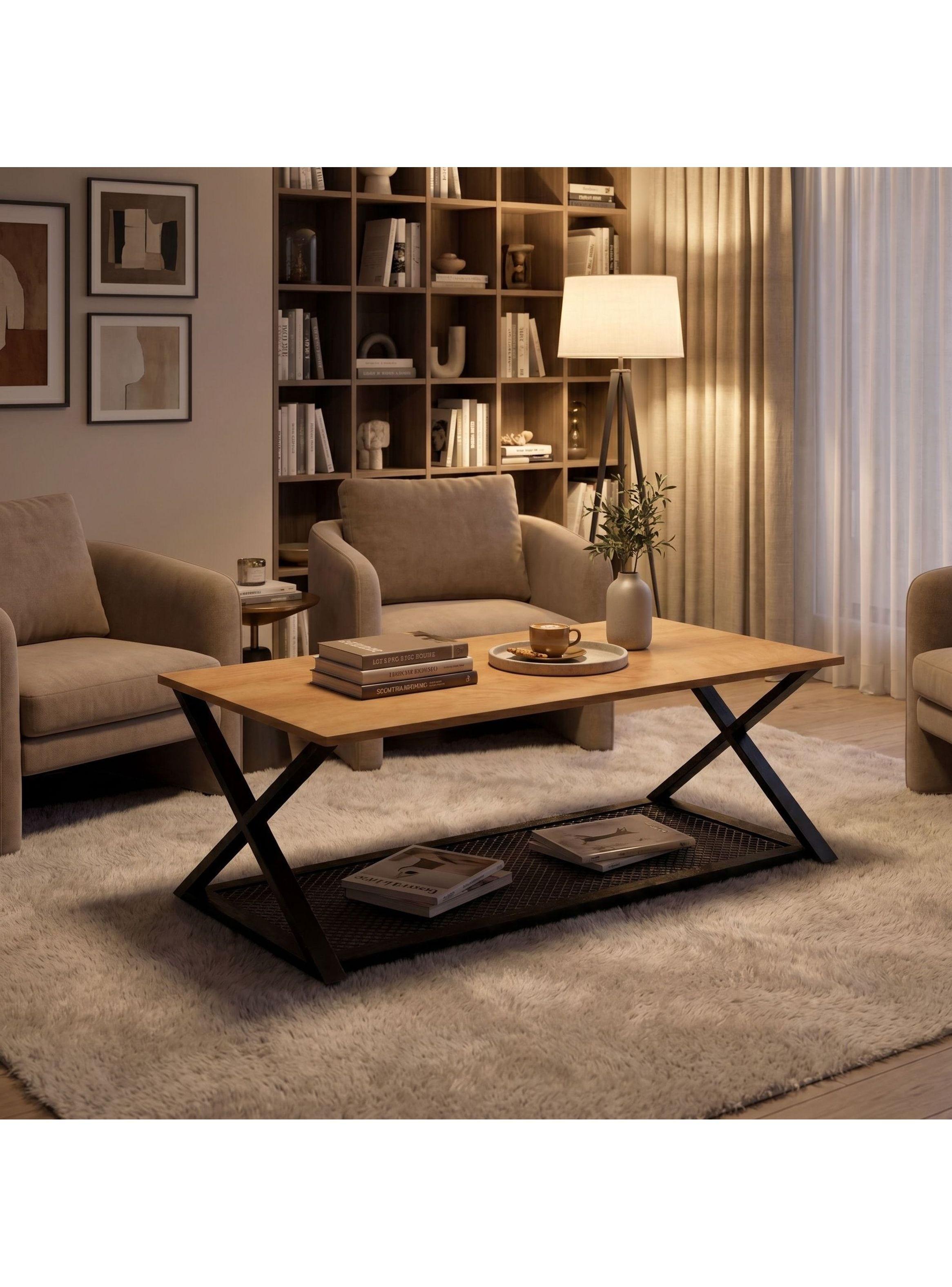 Mesa De Centro Minimalista Con Cubierta De Melamina 60x120cm Marrón Claro-7