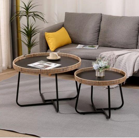 Juego Mesa De Centro Lateral Living Redonda Doble Tejido Color Marrón-6