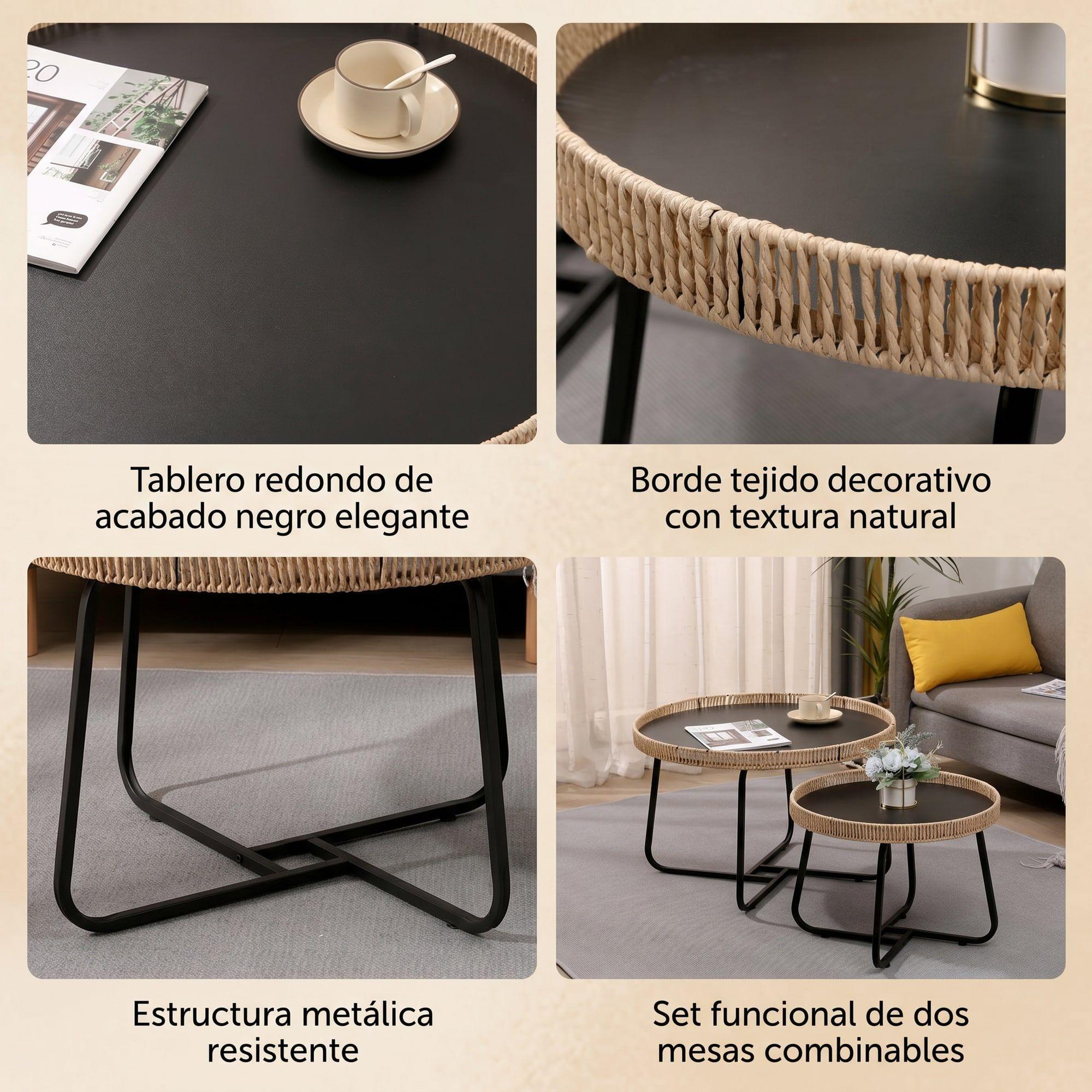 Juego Mesa De Centro Lateral Living Redonda Doble Tejido Color Marrón-3