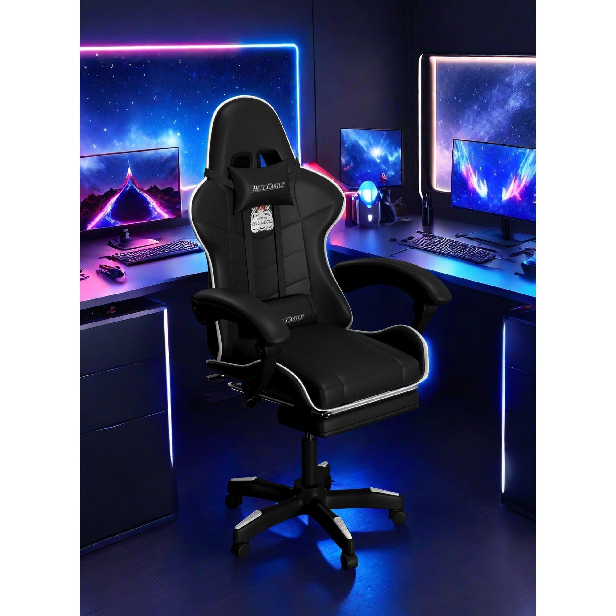 Silla Gamer Hell Castle Reclinable Con Cojin Lumbar Blanco Cuero Sintético-2