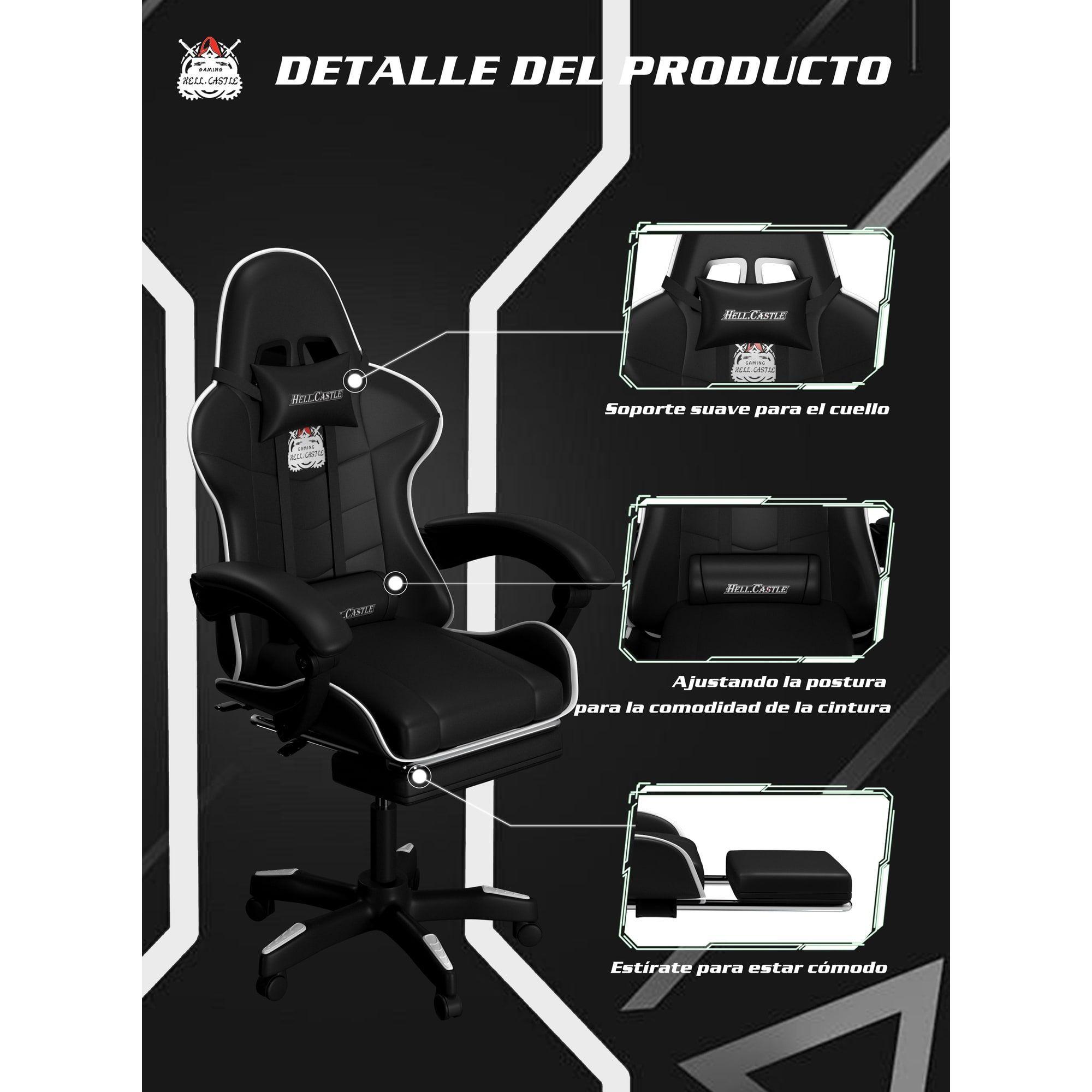 Silla Gamer Hell Castle Reclinable Con Cojin Lumbar Blanco Cuero Sintético-4