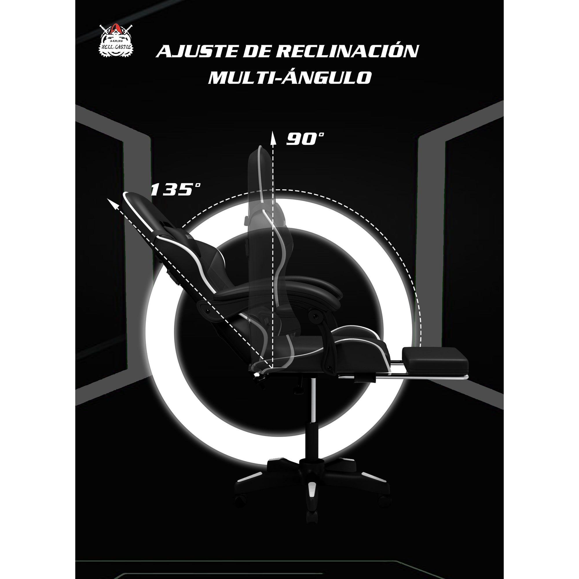 Silla Gamer Hell Castle Reclinable Con Cojin Lumbar Blanco Cuero Sintético-5