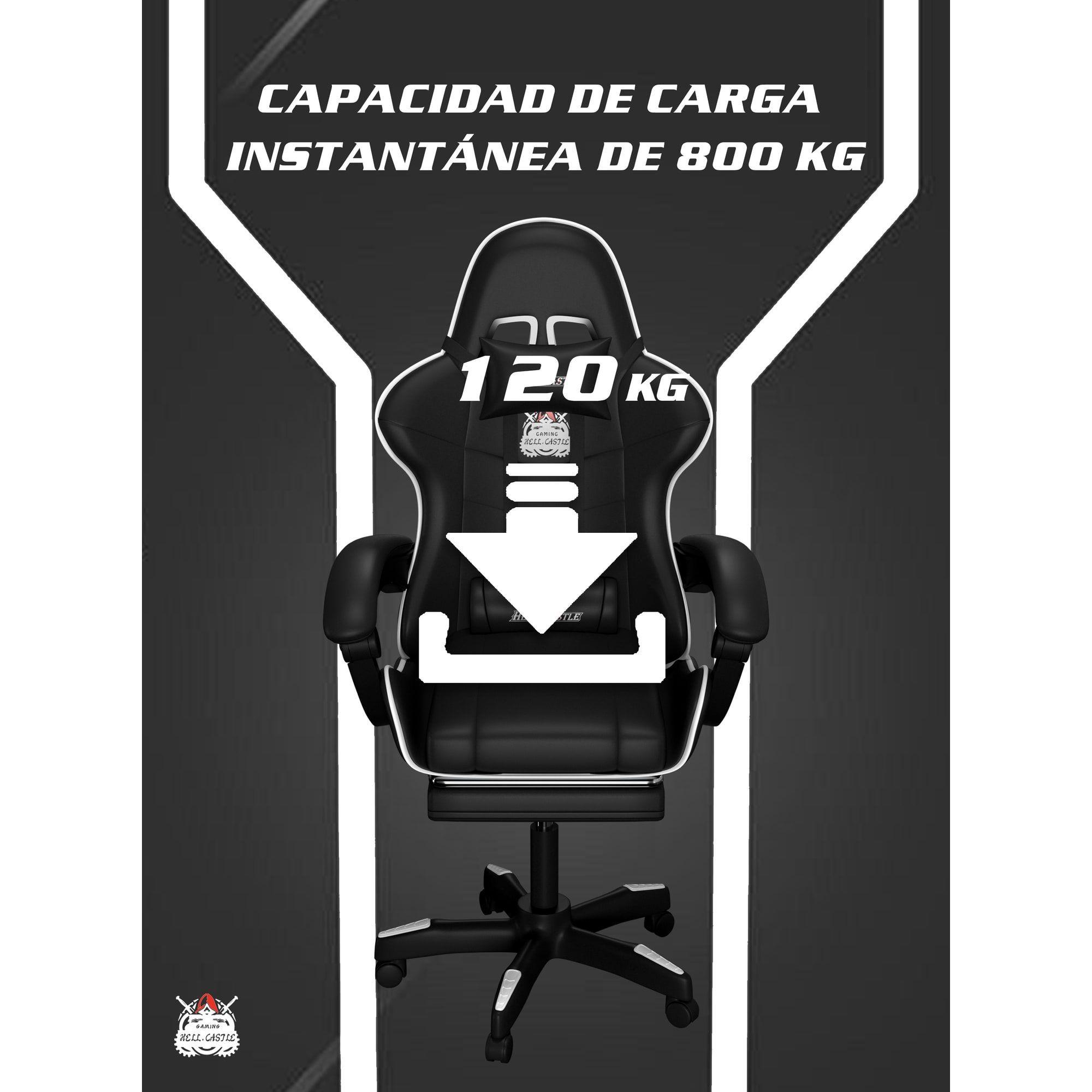 Silla Gamer Hell Castle Reclinable Con Cojin Lumbar Blanco Cuero Sintético-6