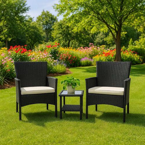 Juego De Terraza Rattan 2 Sillones Mesa Auxiliar Y Cojines Negra-2