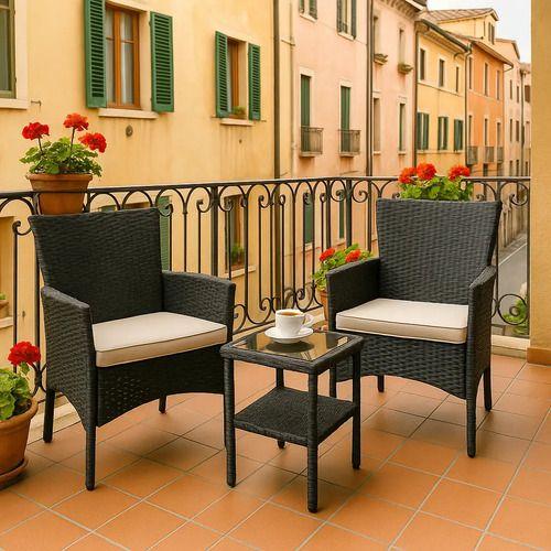 Juego De Terraza Rattan 2 Sillones Mesa Auxiliar Y Cojines Negra-3