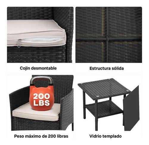 Juego De Terraza Rattan 2 Sillones Mesa Auxiliar Y Cojines Negra-5
